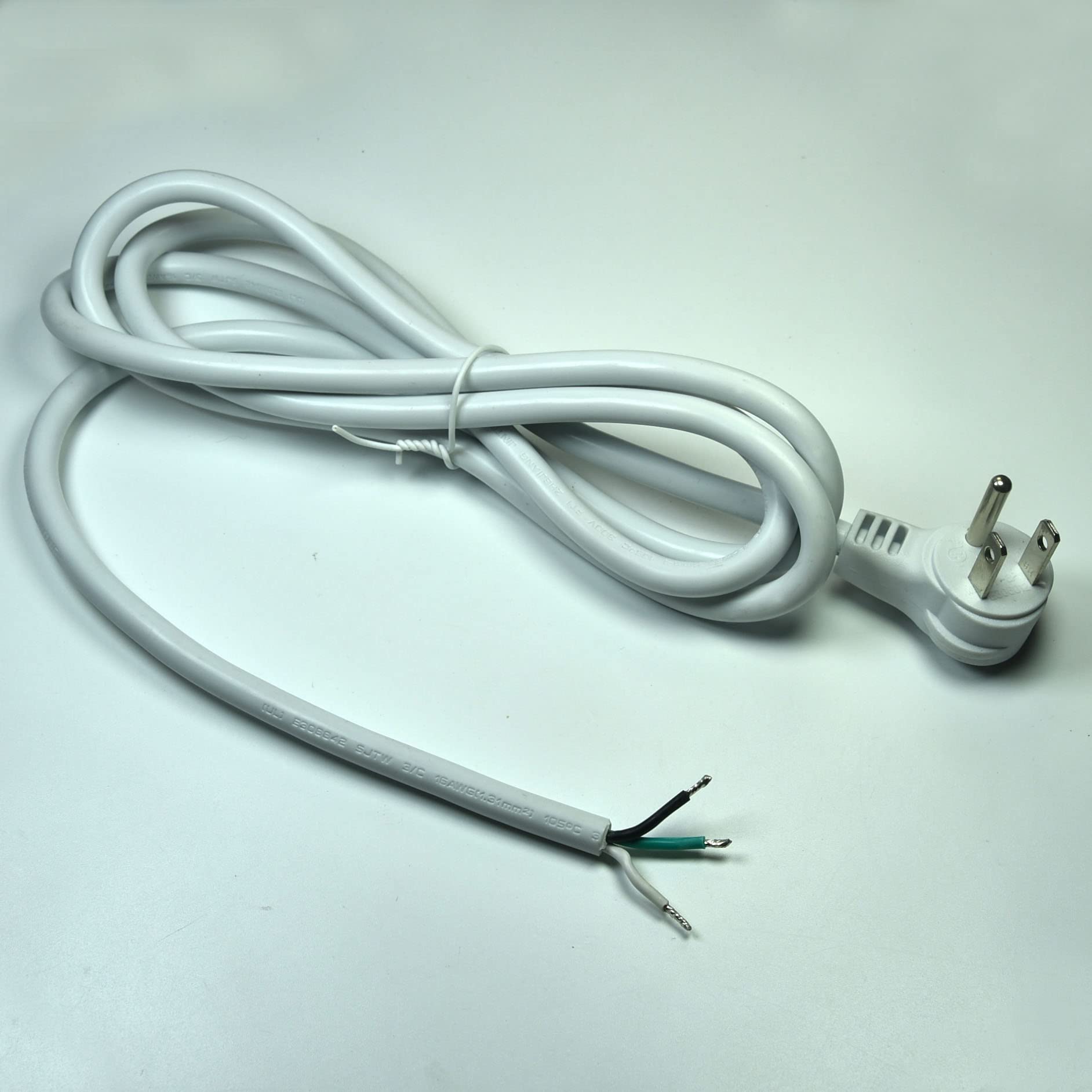 10Ft Heavy Duty Replacement Power Supply Cord With Open End, 90 Degree Slim Flat Plug, 16 Gauge White Extension Cable 3 Prong, 1