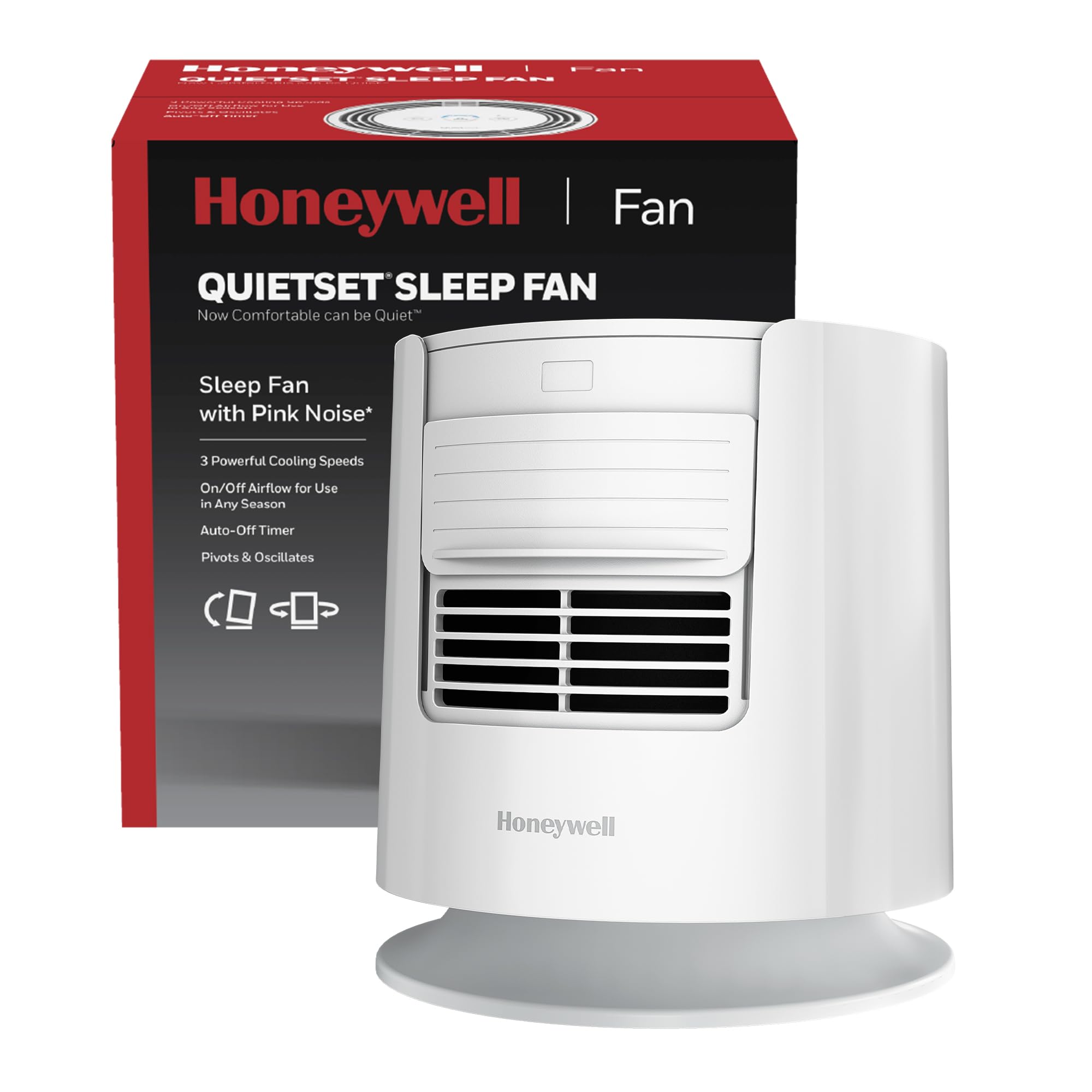 Honeywell QuietSet Sleep Personal Fan with Pink Noise, 3 speeds, adjustable head, fan for nightstand, White, HTF300
