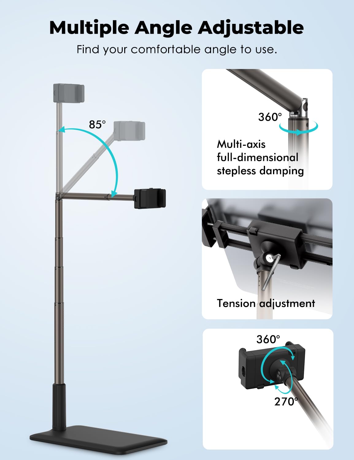 Viozon Tablet Floor Stand Flexible Long Arm Tablet&Phone Holder,360� Angle Adjustable,Aluminum Alloy,Bedside,Sofaside,Desk,Compatible with iPad,Kindle, iPhone 16 15 Plus/Pro Max (3.5'' 11'') Black