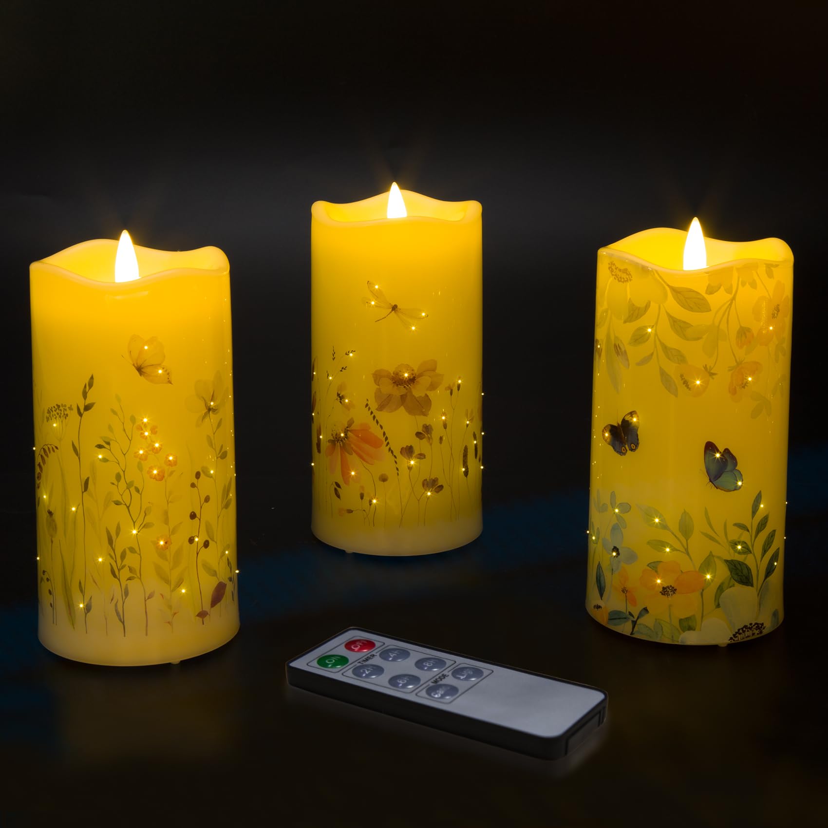 Eywamage Fiber Optic Candles Set Of 3, Butterfly Floral Flameless Pillar Candles With Remote, Flickering Battery Candles F 3'' H