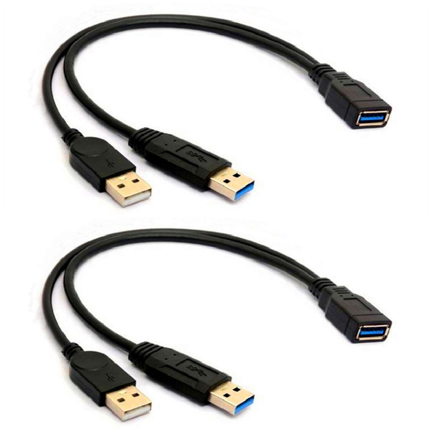 2 Pack Of Alinna Black Usb 3.0 Female To Dual Usb Male Extra Power Data Y Extension Cable Splitter Adapter For 2.5' Mobile Hard Disk