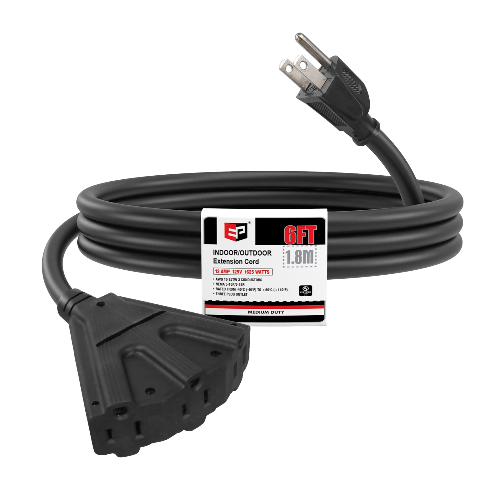 Ep 6 Ft Outdoor Extension Cord With 3 Electrical Power Outlets   16/3 Sjtw Black Cable With 3 Prong Grounded Plug For Safety Gre