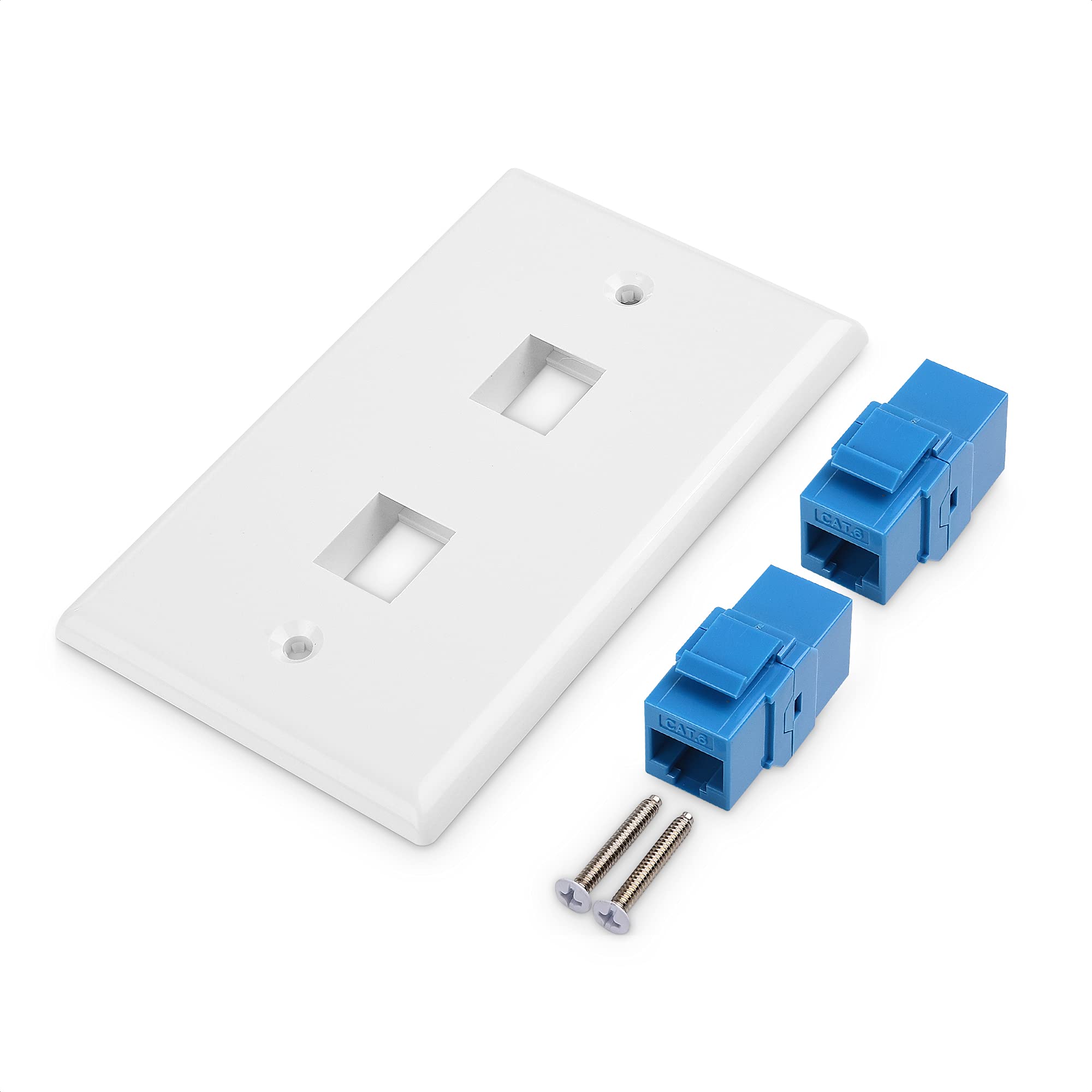 Cable Matters 2 Pack 2 Port Ethernet Wall Plate, Cat6 Wall Plate / Cat5 Ethernet Wall Outlet In White With Blue Ethernet Keyston