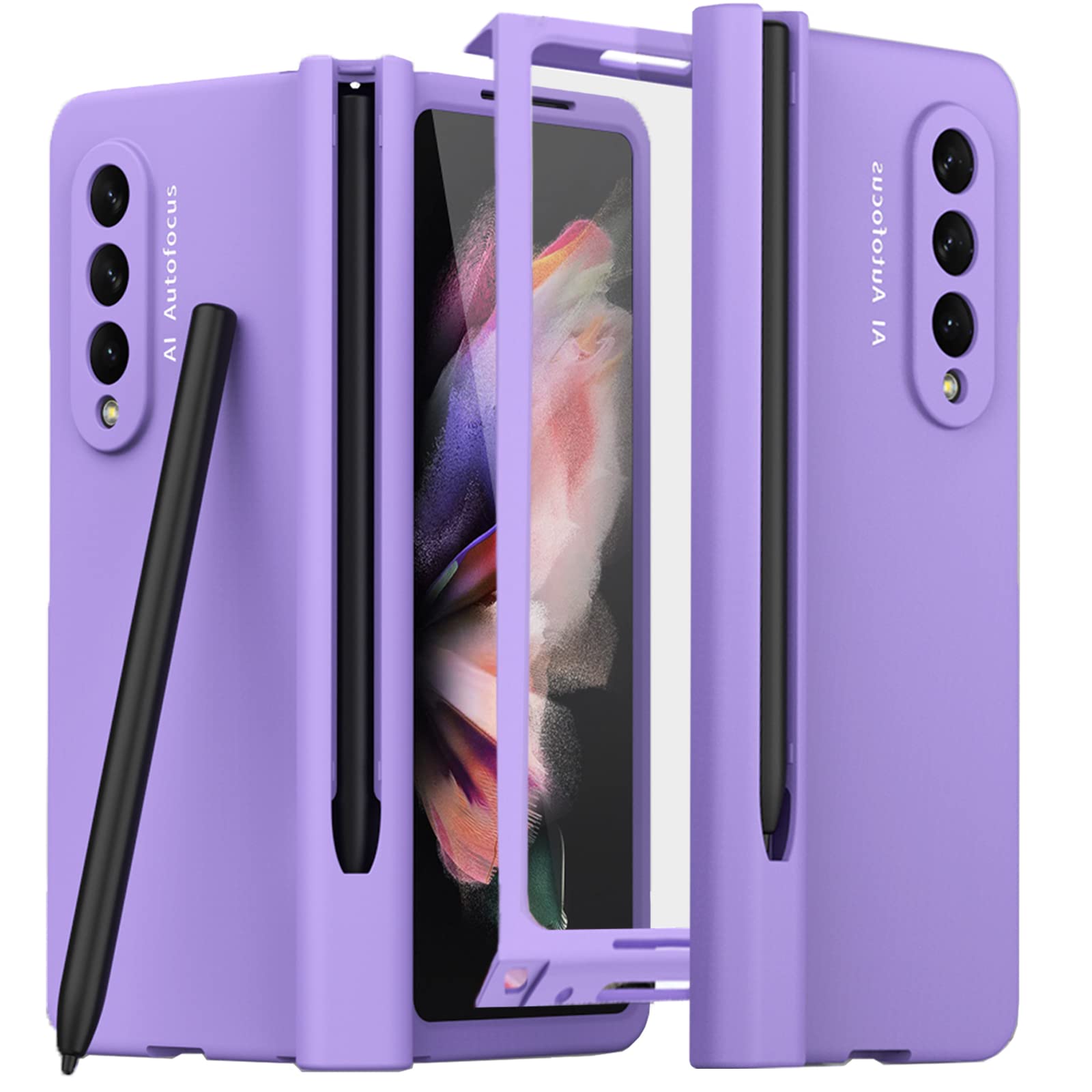 Ninki Compatible Purple Case For Samsung Galaxy Z Fold 3 Case With S Pen Holder Hinge Protection,Full Coverage Cover Case With F