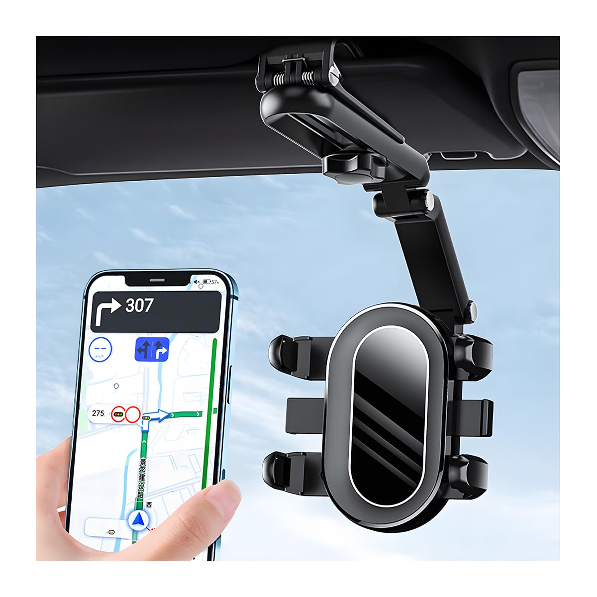 Zpana Sun Visor Car Phone Holder, Multifunctional Adjustable 1080 Rotatable Auto Rear View Mirror Cellphone Mount, Vehicle Inter