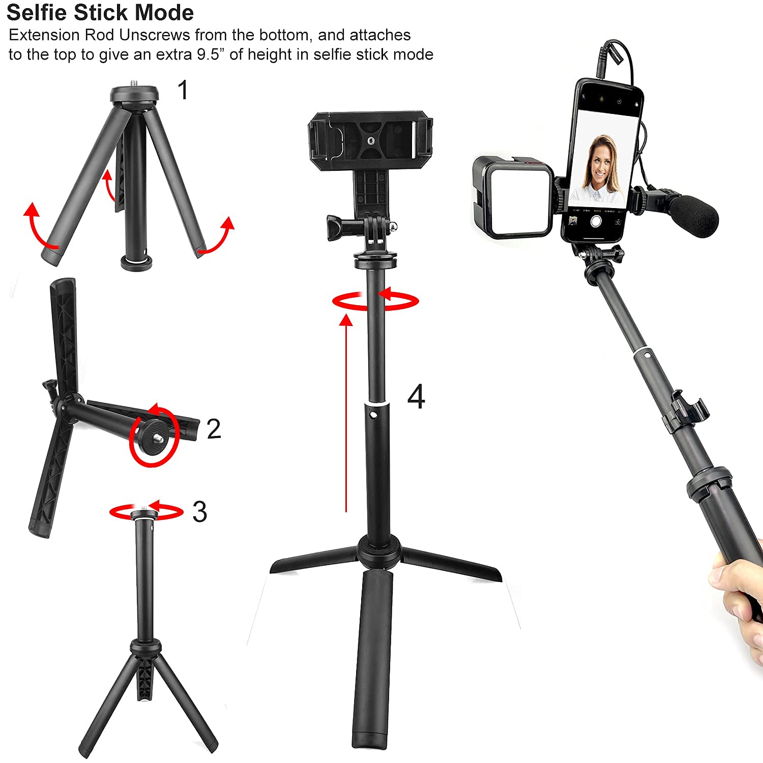 Acuvar Selfie Stick Tripod Vlogging Kit For All Smartphones Iphone, Android W/Led Light, Rotating Phone Holder, Microphone, Blue