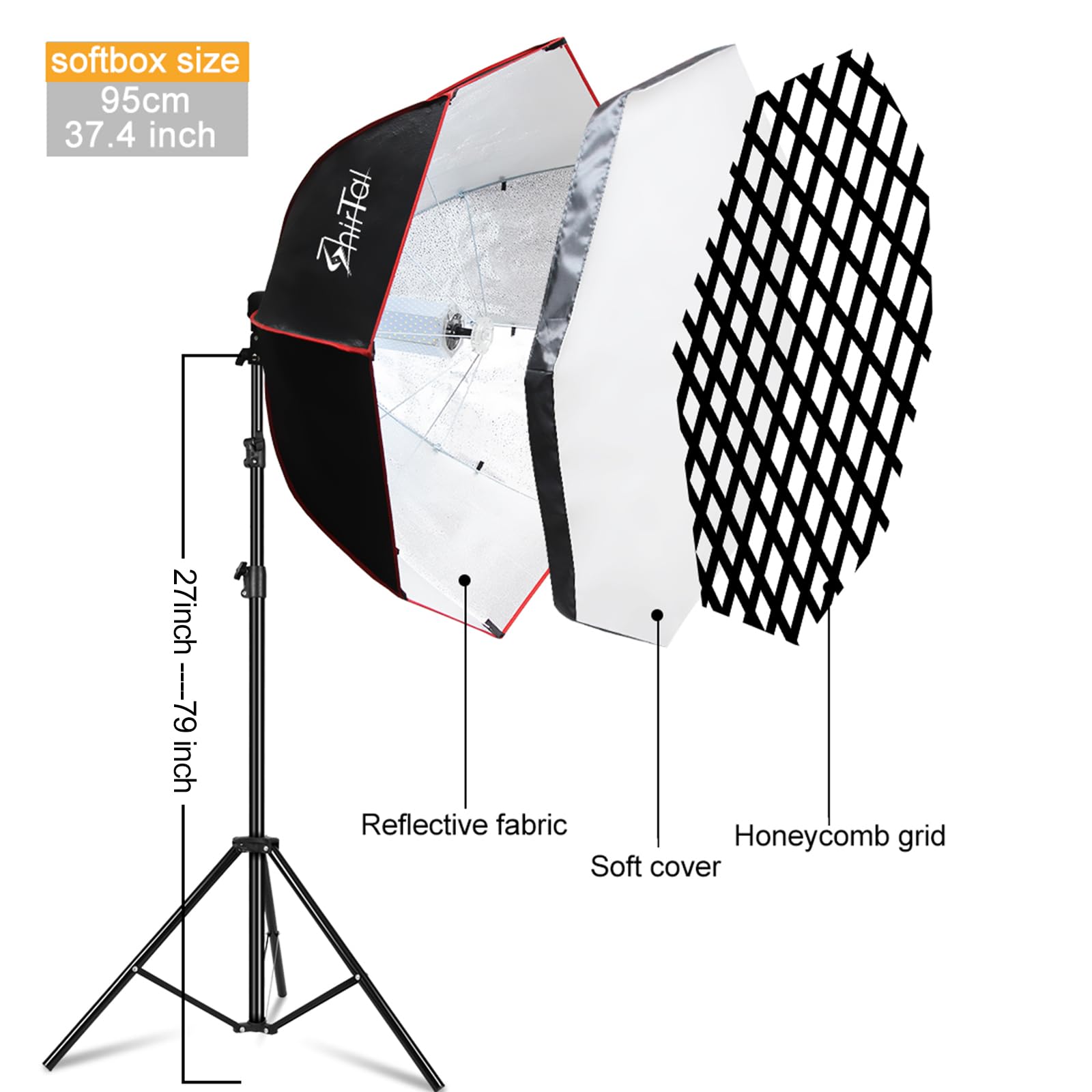 Shirtal Softbox Photography Lighting Kit,37'' Octange Softbox Lighting Kit With Honeycomb Grid 110W 2700K 6500K 11000Lux Dimmabl