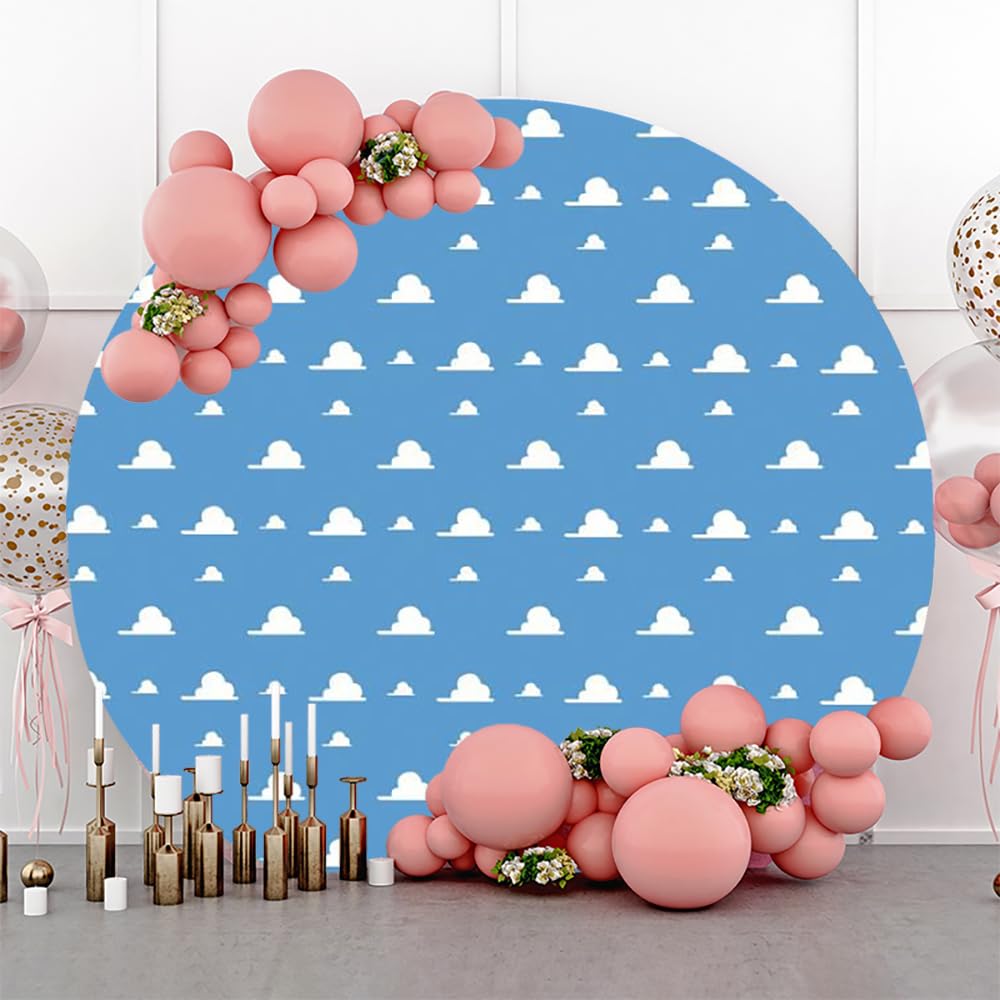 Renaiss 7X7Ft Blue Sky White Cloud Round Backdrop Cover Boy Story Cartoon Toy Theme Circle Photography Background Kids Hero Newb