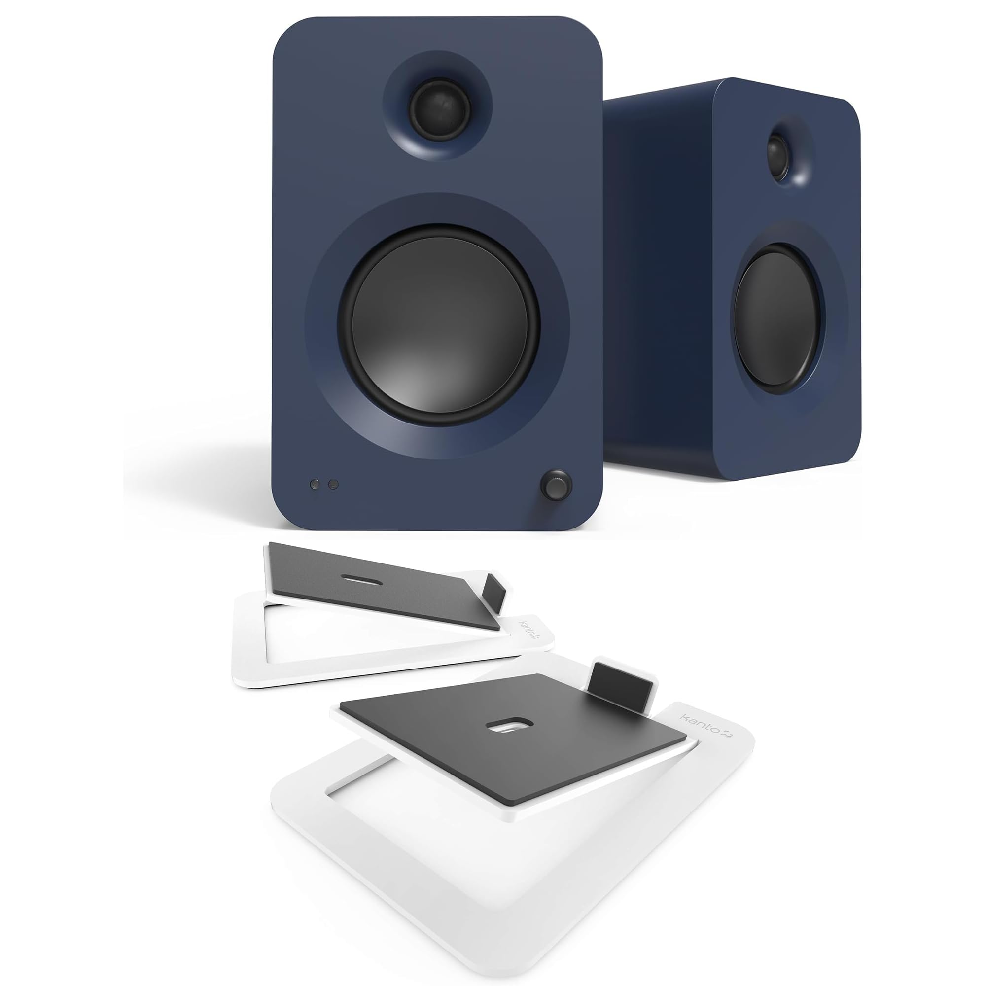 Kanto REN Blue Bluetooth Powered Bookshelf Speakers - Matte Blue Pair S6W Angled Desktop Speaker Stands for Large Speakers - Whi