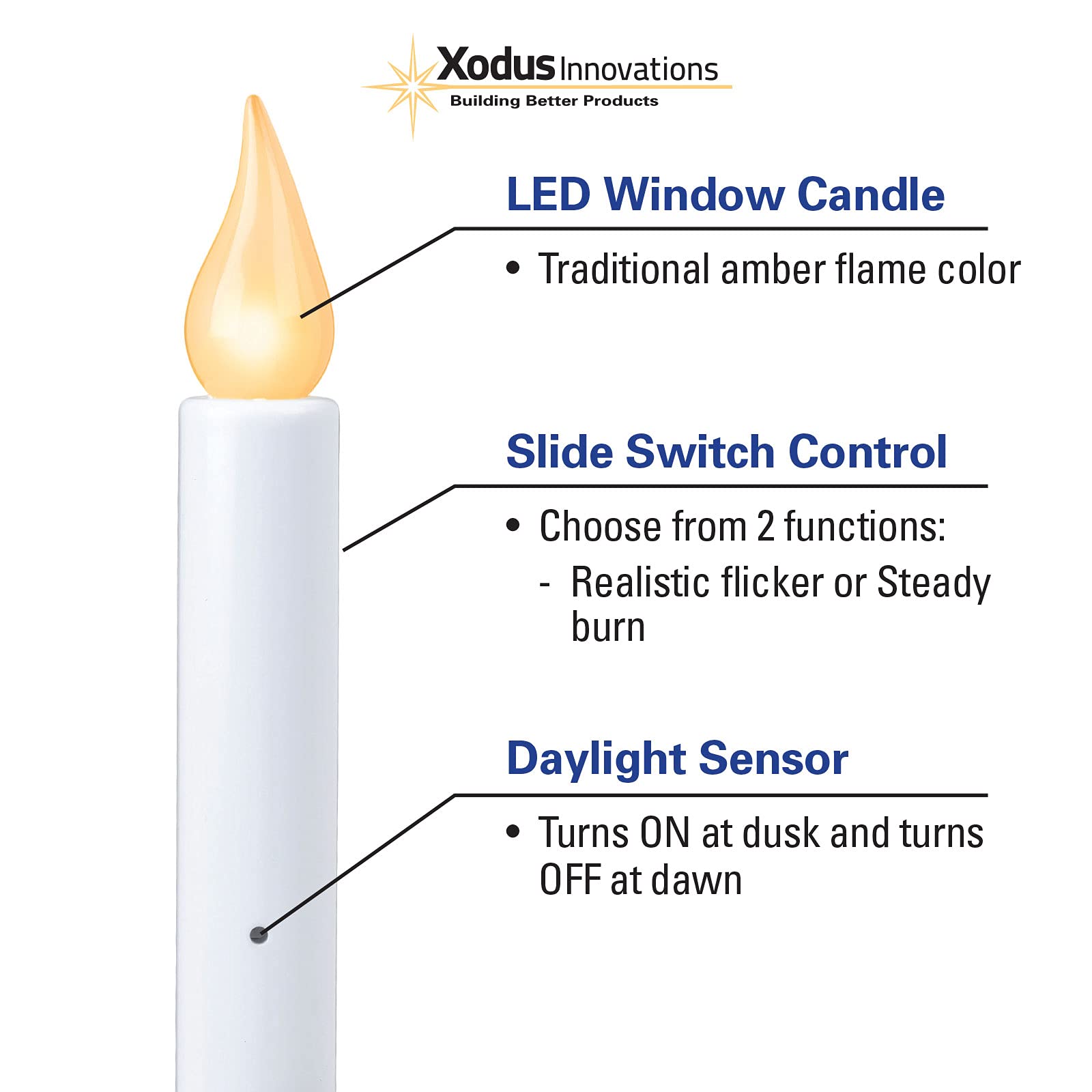 Xodus Innovations Fpc1221A 8 Inch Battery Operated Led Dusk To Dawn Window Candle With Amber Steady On Or Flicker Flame, Black/A