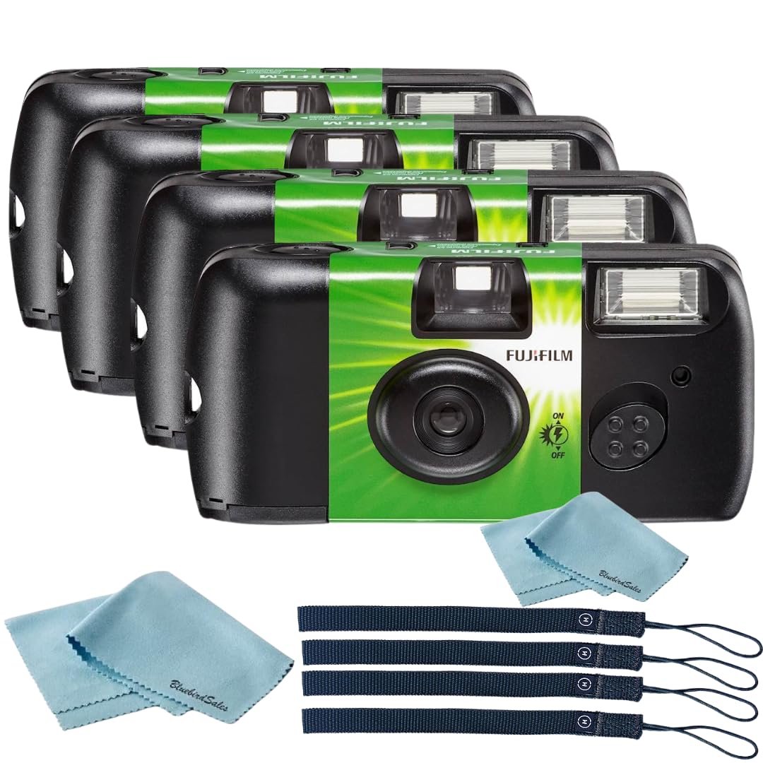 Fujifilm Quicksnap Flash 400 Disposable 35Mm Camera � 4 Pack � 4 Hand Straps � 2 Bluebirdsales Microfiber Cloth, Green, 7033661