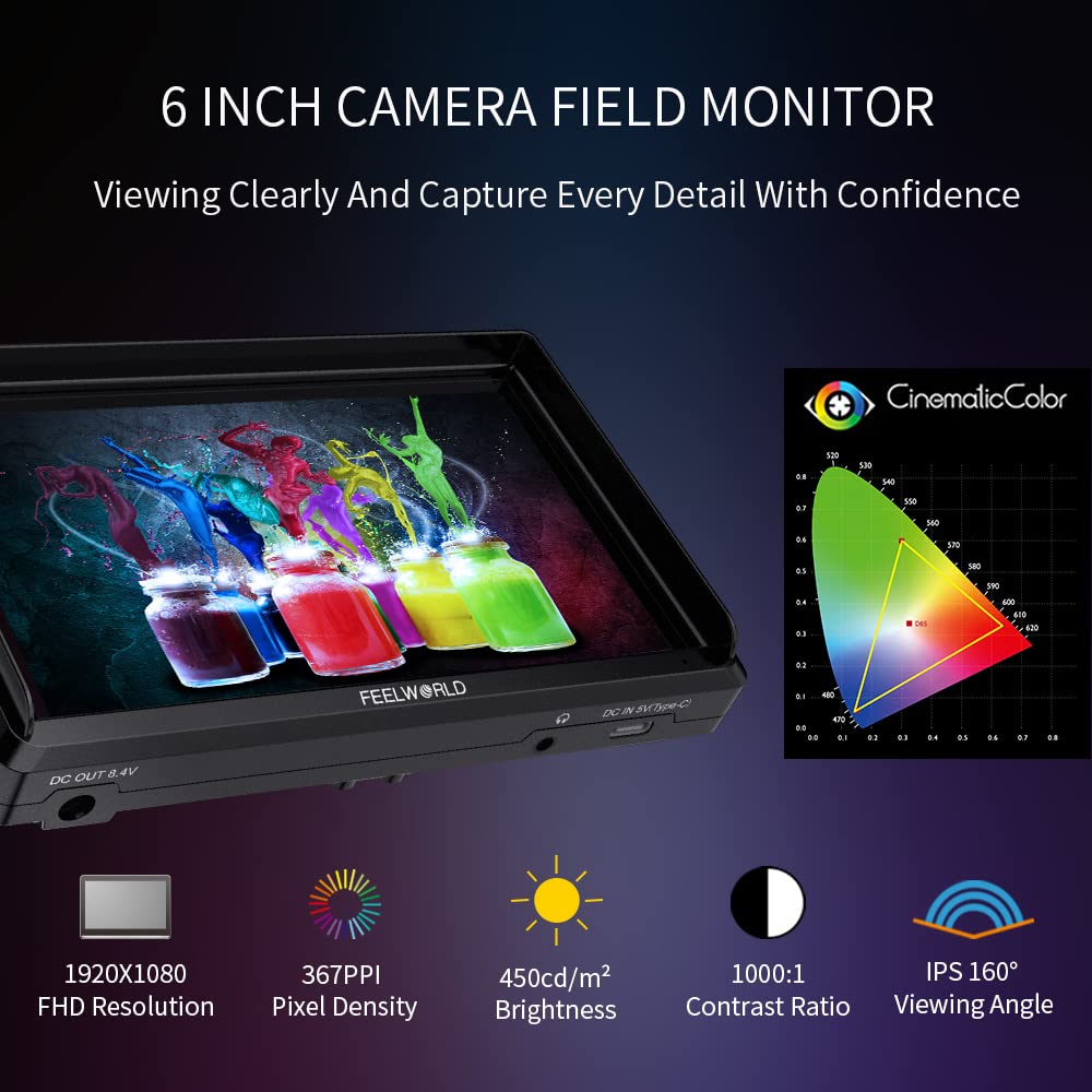 Feelworld Fw568 V3 Upgrade 6 Inch Camera Field Monitor With 4K Hdmi Ultra Bright Screen 3D Lut Small Full Hd 1920X1080 Ips Video