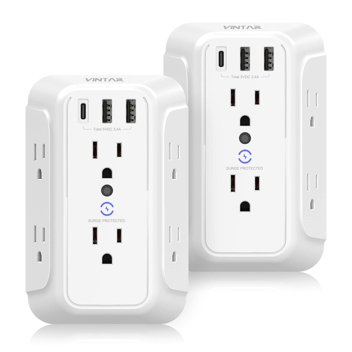 2 Pack Usb Wall Charger,Surge Protector,6 Outlet Extender With 3 Usb Charging Ports(1 Usb C Outlet,3.4A) 900J Power Strip Multi