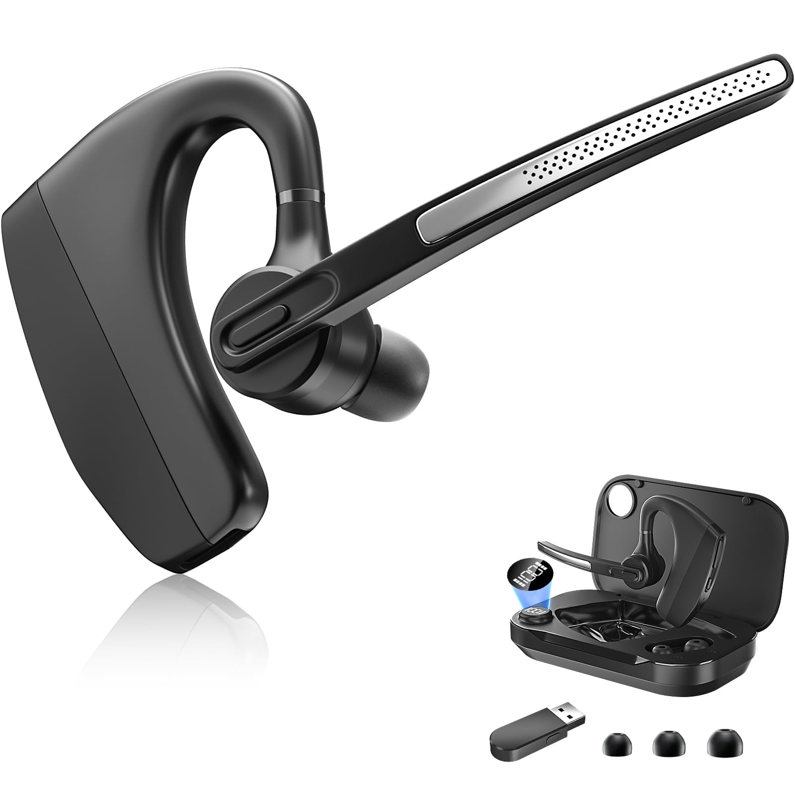 Bluetooth Headset With Noise Cancelling Mic, Bluetooth Earpiece For Business & Office Teams, Charging Case & Dongle For Iphone C
