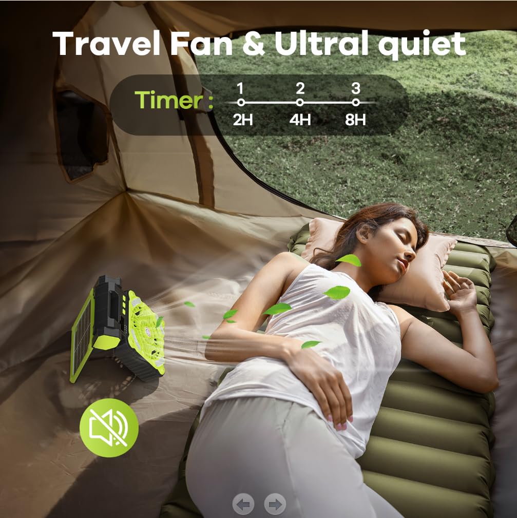 Dowilldo Solar Powered Fan For Camping, 10400Mah Rechargeable Battery Operated Portable Fan With Led Lantern, 4 Speeds Powerful