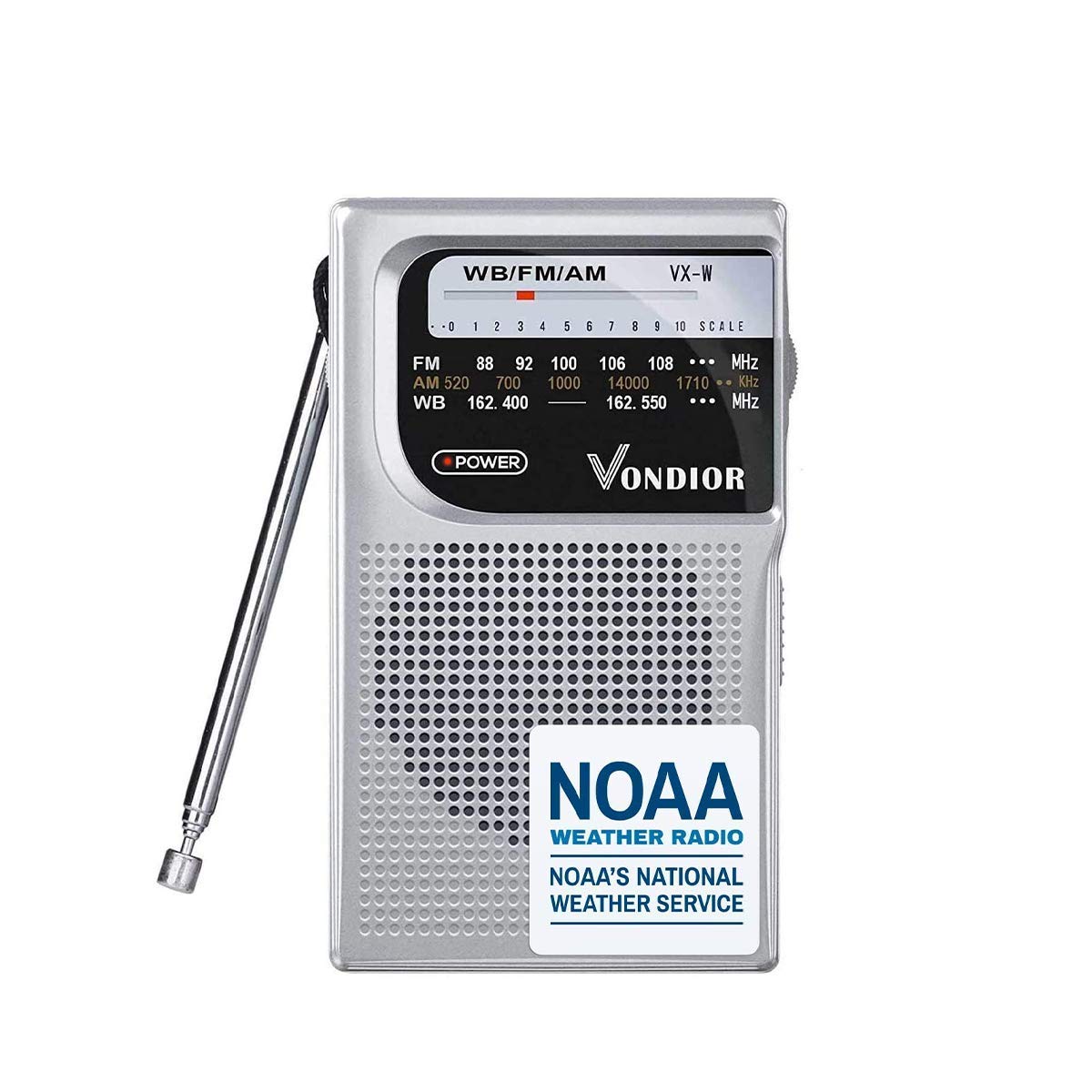 Noaa Weather Radio   Emergency Noaa/Am/Fm Battery Operated Portable Radio With Best Reception And Longest Lasting Transistor. Powered By 2 Aa Battery With Mono Headphone Socket, By Vondior (Silver)