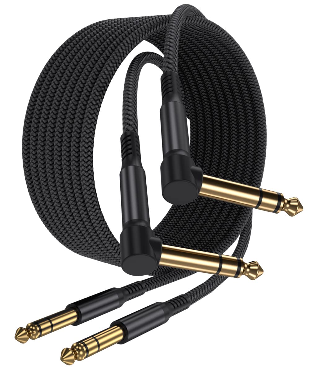 Elebase 1/4 Inch Trs Instrument Cable 30Ft 2 Pack,Right Angled To Straight 6.35Mm Male Jack Stereo Audio Cord,6.35 Balanced Inte