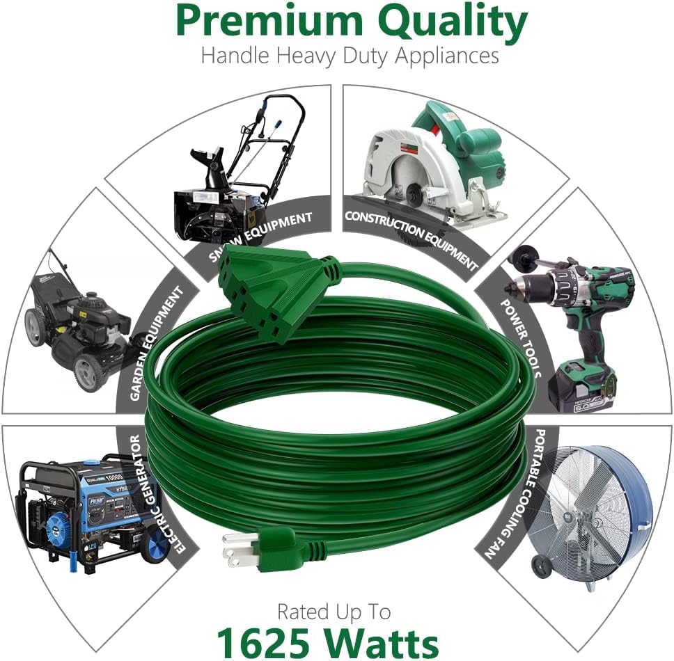 50Ft Outdoor Extension Cord, 16/3 Sjtw Tri Tap Power Cable, Weatherproof, Heavy Duty Extension Cord For Holiday Decoration And L
