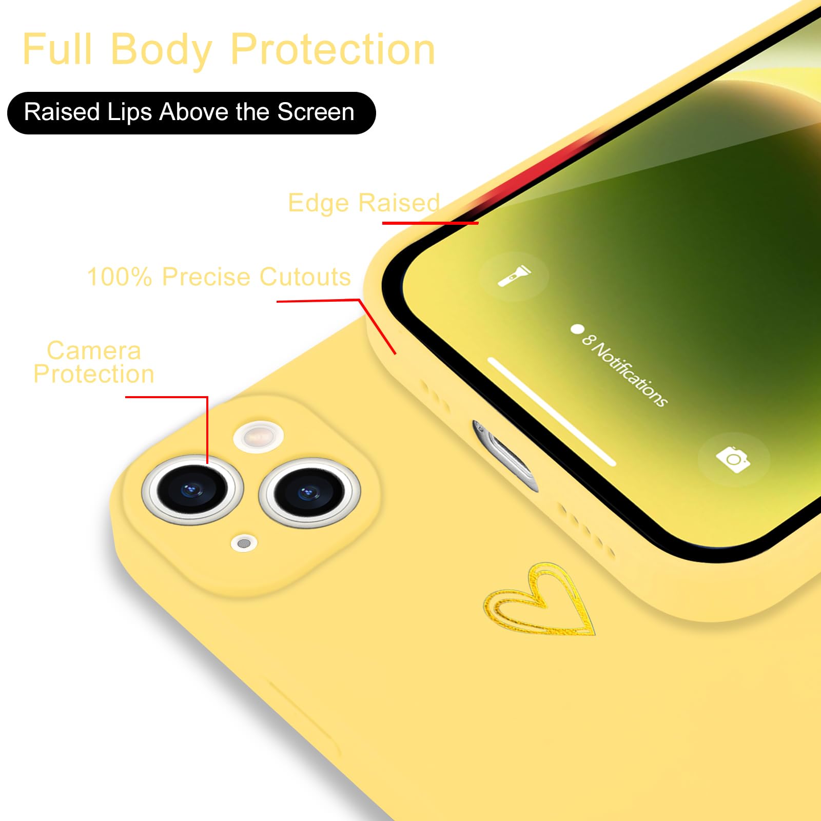 Wirvyuer For Iphone 14 Case Cute Heart Pattern Soft Shockproof Slim Protective Silicone Phone Case Cover For Women Girls, Yellow