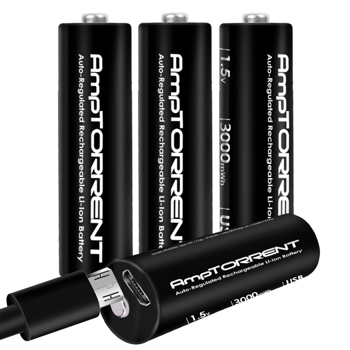Amptorrent Aa Lithium Rechargeable Batteries, 3000Mwh Rechargeable Lithium Aa Batteries, Aa Lithium Battery With 4In1 Usb Cable,