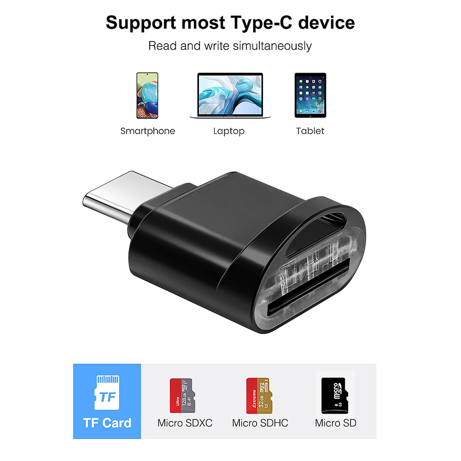 Leizhan Type C Micro Sd/Tf Card Reader With Keychain, Usb C To Micro Sd Sdhc Sdxc Otg Memory Reader, Type C Card Reader Adapter Compatible For Macbook Windows Lixus Samsung Galaxy   Black