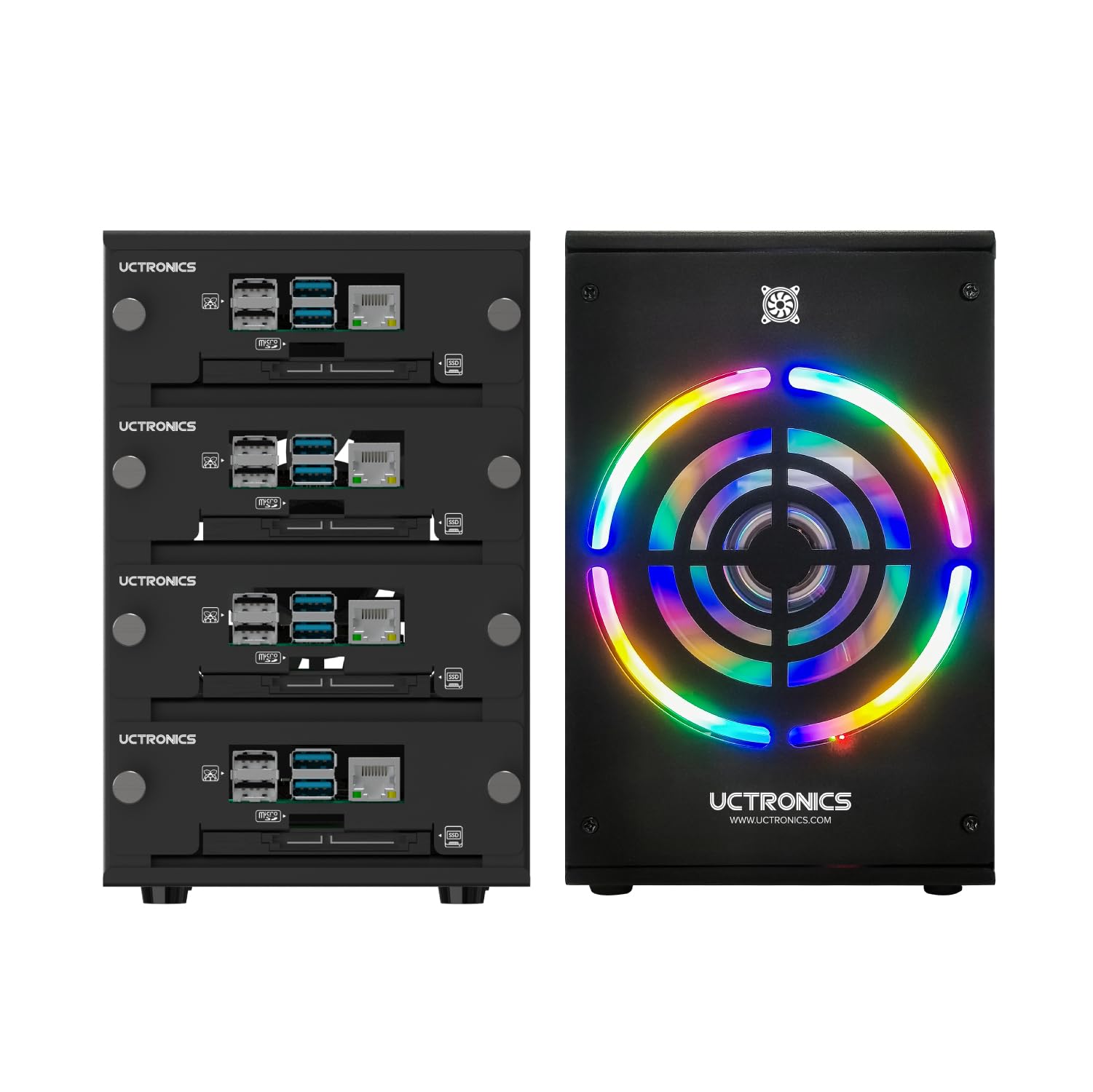 Uctronics Desktop Cluster Enclosure For Raspberry Pi, Up To 4 Pis And 2.5'' Ssd, Front Removable Trays, 12Cm Led Cooling Fan For