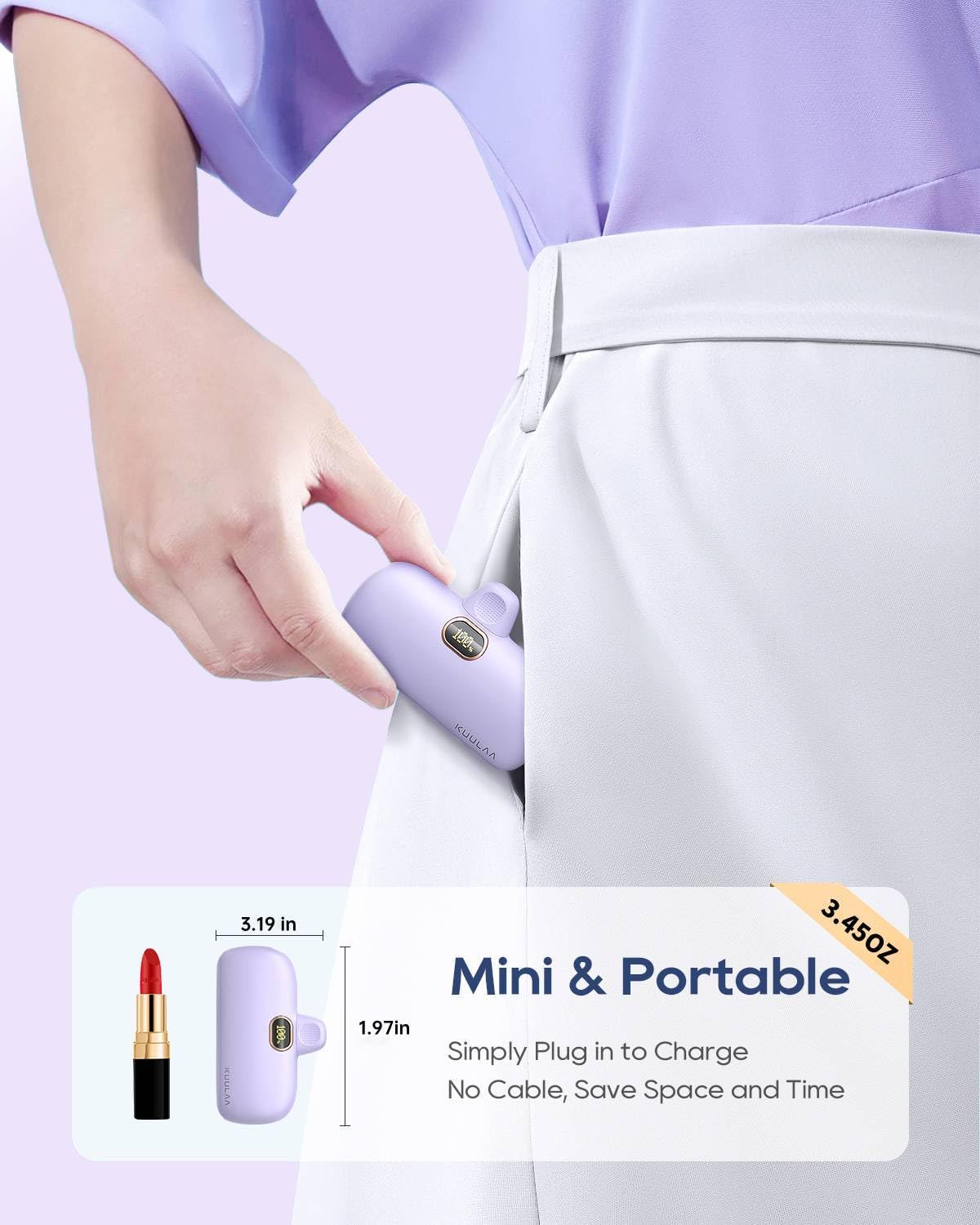 Kuulaa Small Portable Charger Iphone With Built In Lightning Cable 5000Mah Power Bank Fast Charging For Iphone 14/13/13 Pro/12/12 Pro/11/Xr/Xs/X/8/7/6, Purple