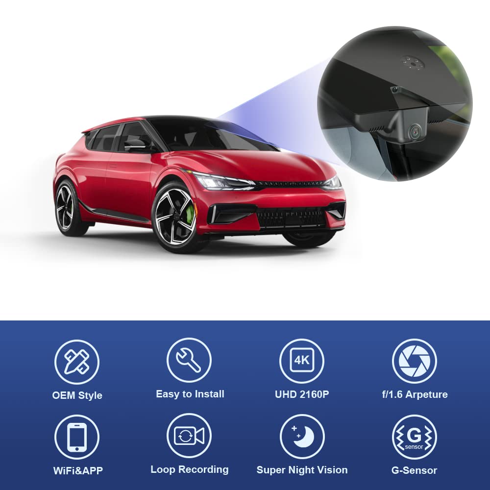 Fitcamx 4K Dash Cam Compatible With Kia Ev6 2022 2023 2024 Gt Gt Line Light Wind, Oem Factory Look, Uhd 2160P Video, Loop Record