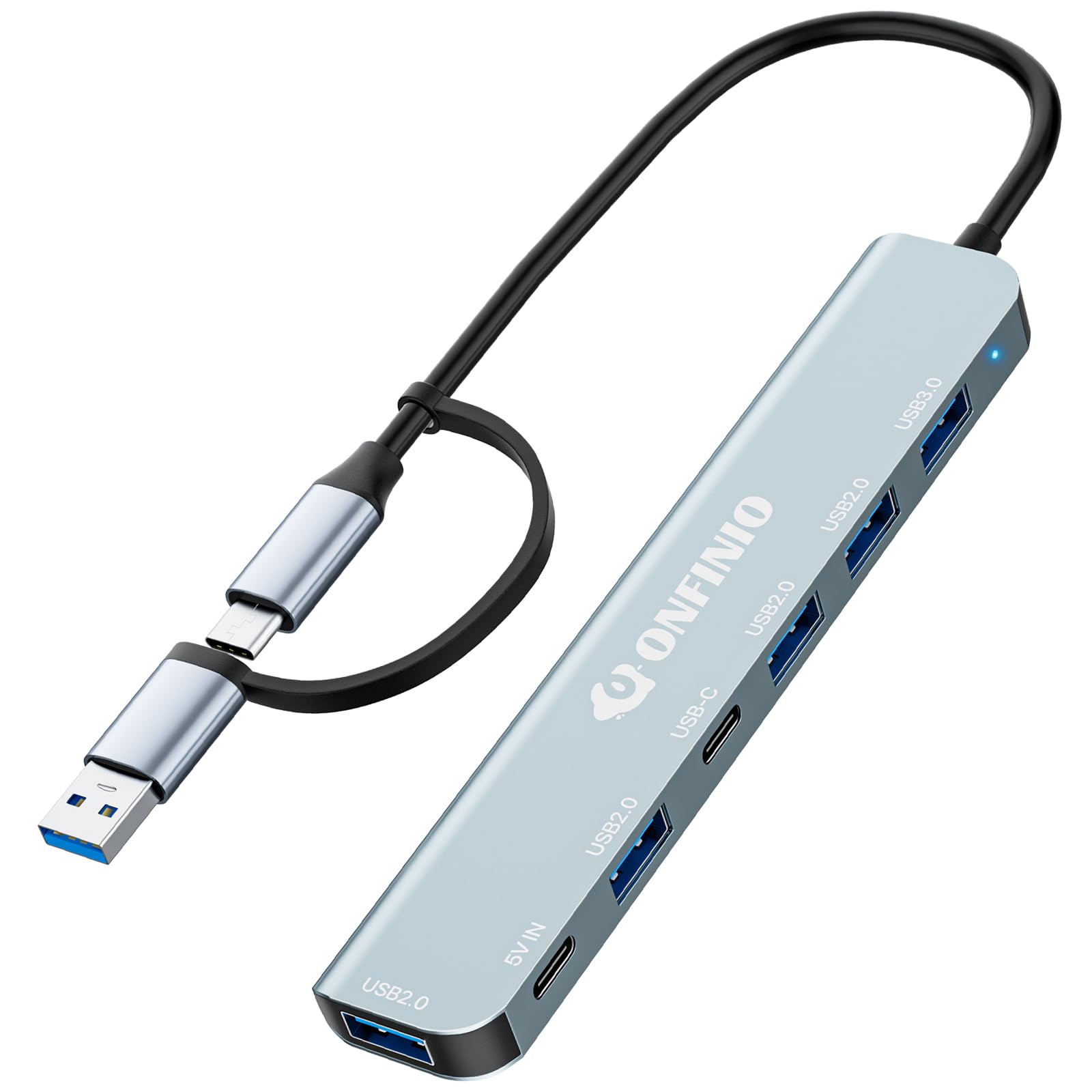 ONFINIO USB C/USB Hub Multiport Adapter,7 in 1 Aluminum USB 3.0 Hub with 1 *USB 3.0, 4*USB 2.0,1*USB C and 1 * 5IN Power Port fo