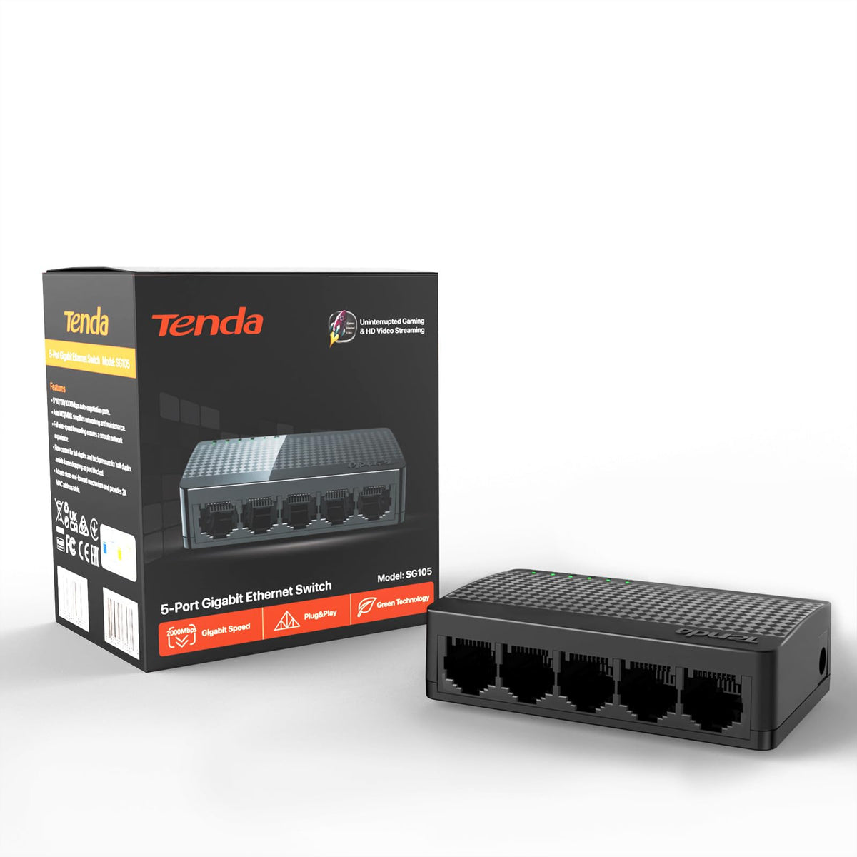 Tenda Sg105, 5 Port Gigabit Switch, Unmanaged Ethernet Switch, Office Ethernet Splitter, Plug & Play, Plastic Case, Desktop/ Wal
