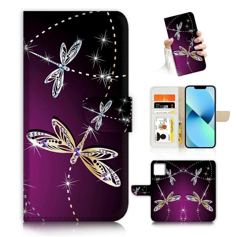 Ajourtek For Iphone 13 Art Designed Flip Wallet Style Cover Case Fancy Flower Full Body Protection Ad003 (#24887 Dragonfly)