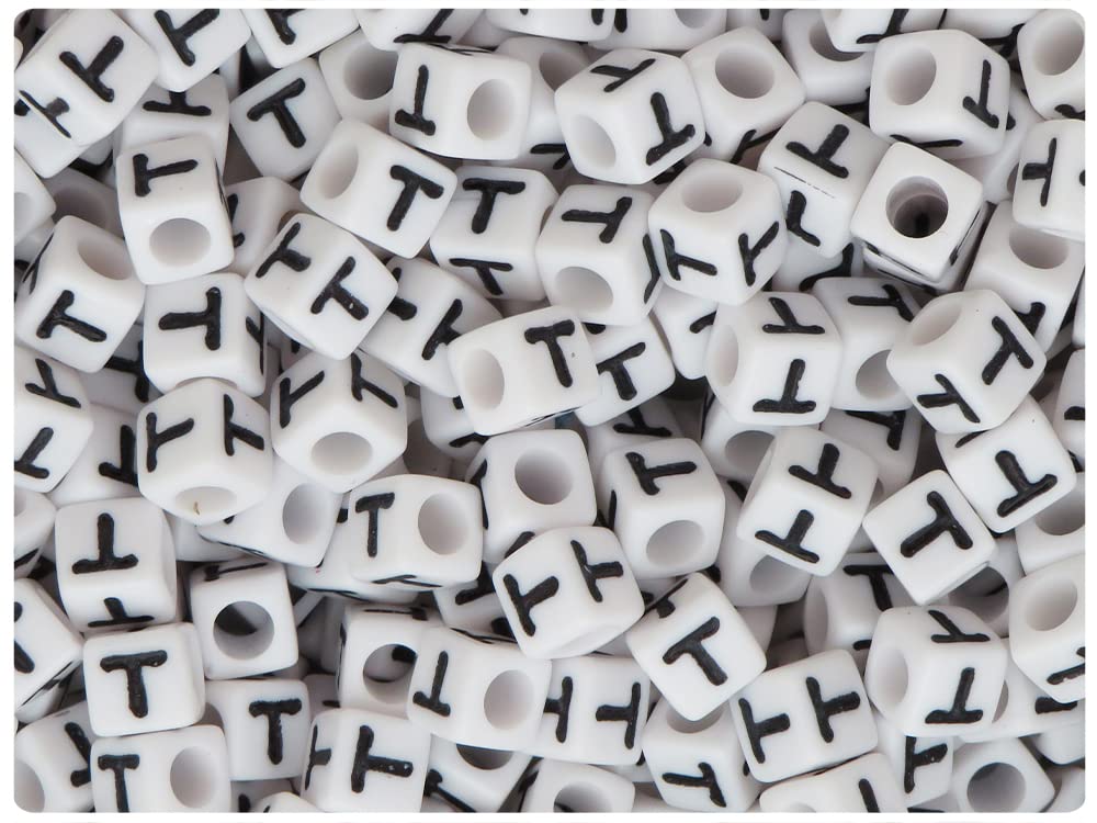 Beadtin White Opaque 7Mm Cube Alpha Beads   Black Letter (75Pcs) (Letter T)