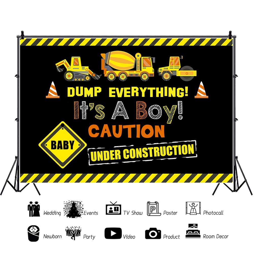 Dorcev 7X5Ft Construction Site Theme Photography Backdrop Yellow Black Warning Line Dump Truck Boy Baby Shower Party Background