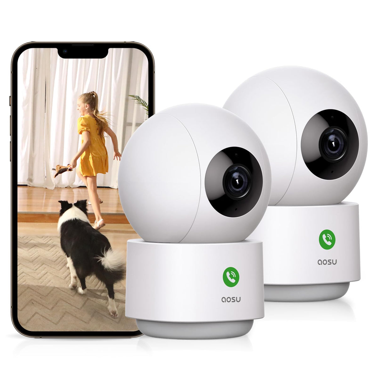 AOSU 2K Security Camera Indoor, Baby Monitor Pet Camera One-Touch Call, Smart Motion Tracking, IR Night Vision, Compatible with 