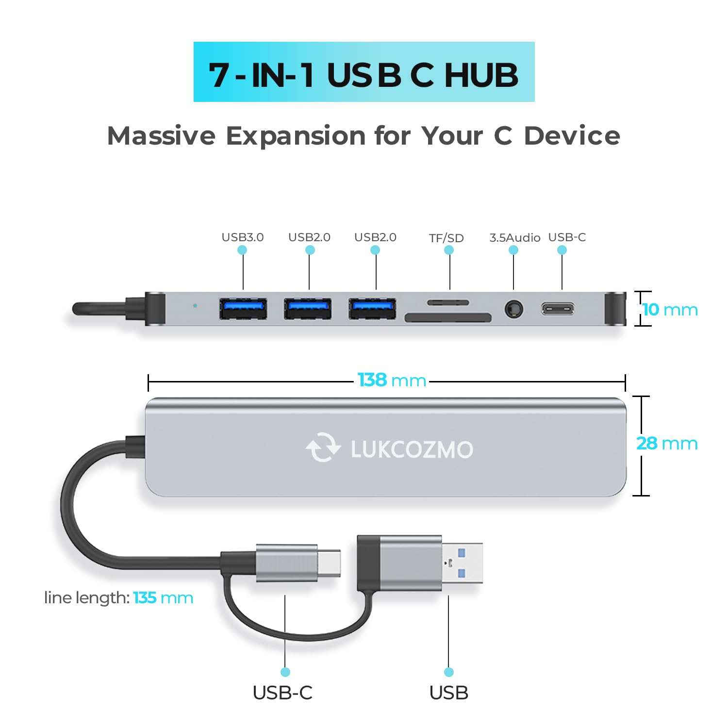 Updated Usb Hub Usb C Hub Usb Splitter Port Extender 7 In 1 Usb 3.0 Hub Usb Adapter&Usb C Splitter 4 Usb 1 Usbc Tf/Sd Card Reade