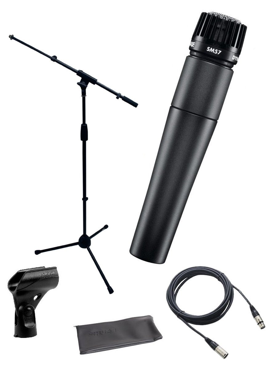 Shure Sm57 Lc Instrument/Vocal Cardioid Dynamic Microphone Bundle With Mic Boom Stand, Xlr Cable, Mic Clip, And Bag