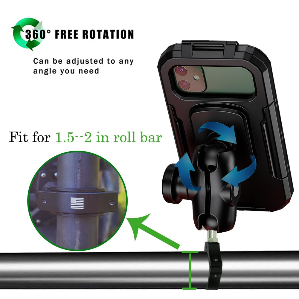 Hamdril Utv Phone Mount With Waterproof Protector, 360 Degree Adjustable Utv Holder, Compatible With 1.5 2Inch Roll Bar,Utv Sxs/
