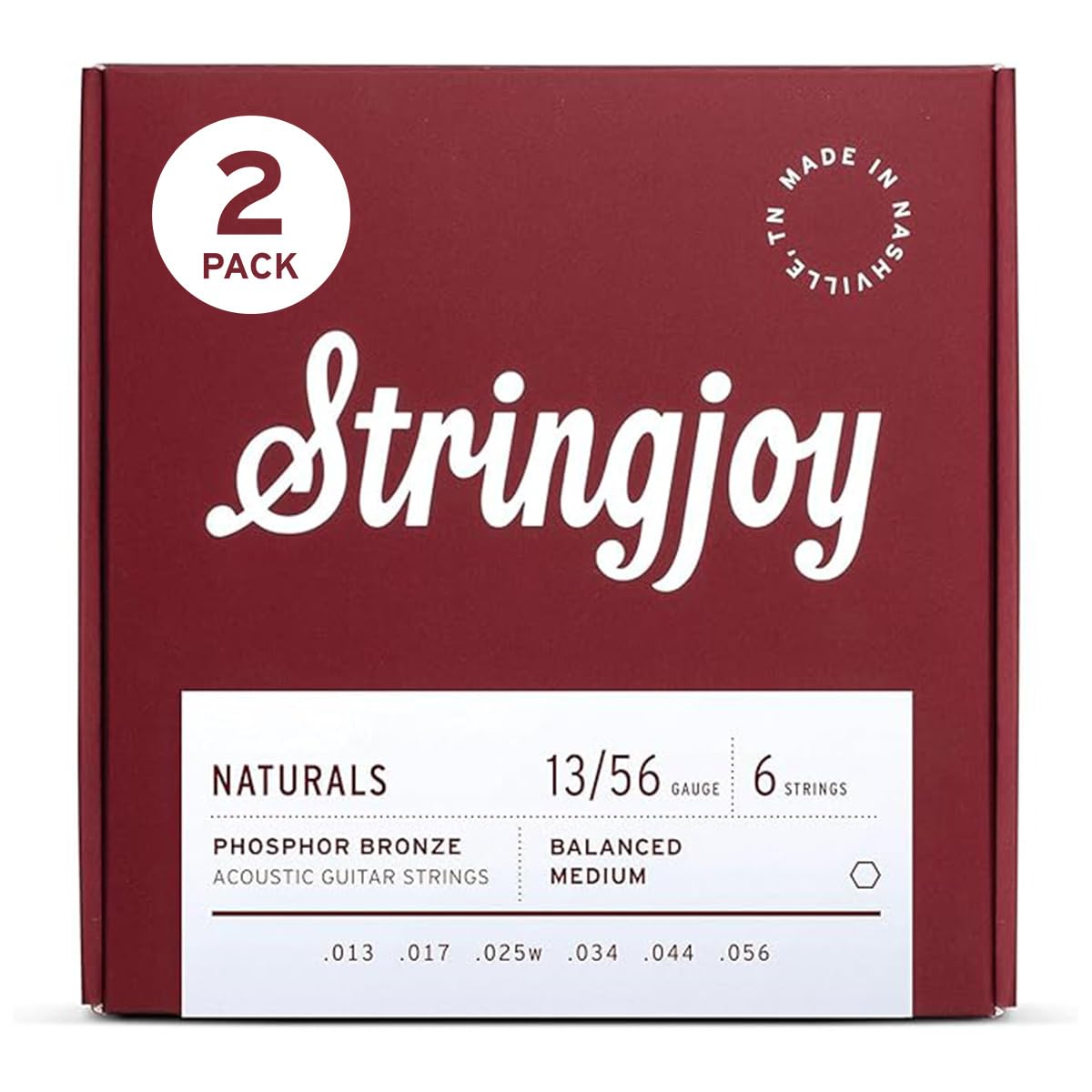 Stringjoy Balanced Medium Gauge Naturals Phosphor Bronze Acoustic Guitar Strings 13-56, NB1356, Long-Lasting Clear & Shimmering 