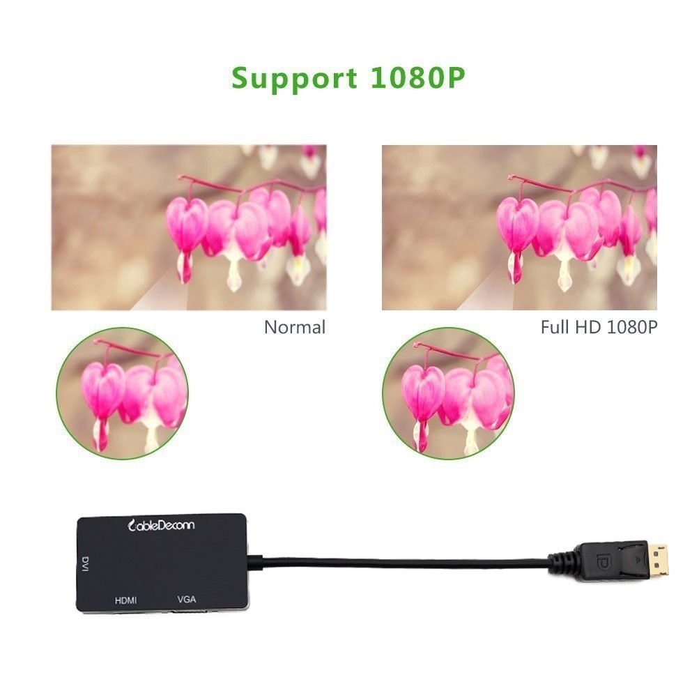 Cabledeconn Multi Function Displayport Dp To Hdmi/Dvi/Vga Male To Female 3 In 1 Adapter Converter Cable