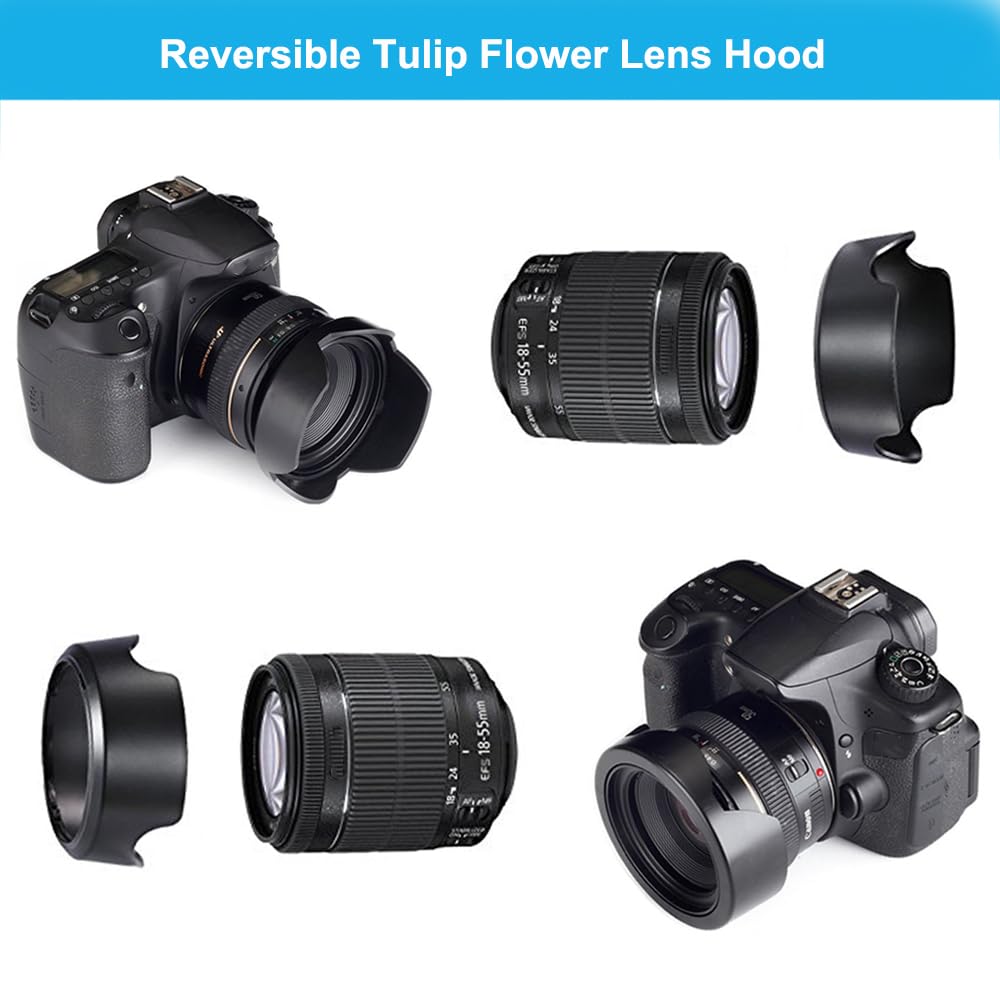 52Mm Lens Hood Set, Collapsible Rubber Lens Hood With Filter Thread + Reversible Tulip Flower Lens Hood + Center Pinch Lens Cap