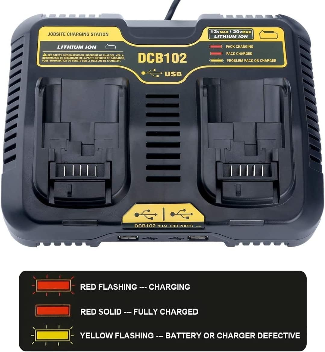 Dcb102Bp 2 Ports Battery Charger Replace For 12V/20V Max Jobsite Charging Station Dcb102 Dcb101 Dcb105 Dcb112 Dcb107 Lithium Bat