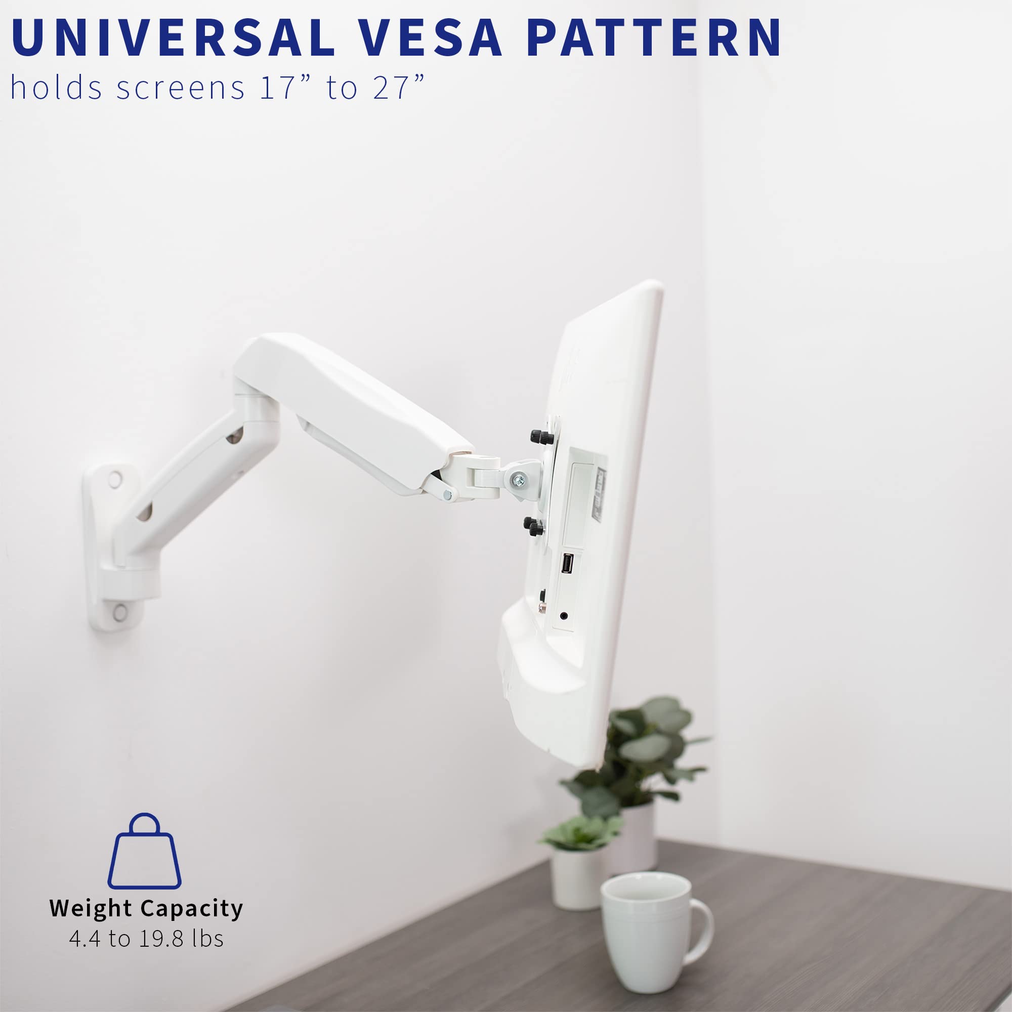 VIVO Single Monitor Counterbalance Wall Mount for 32 inch Screens up to 19.8 lbs, Full Motion, Max VESA 100x100, White, MOUNT V001GW