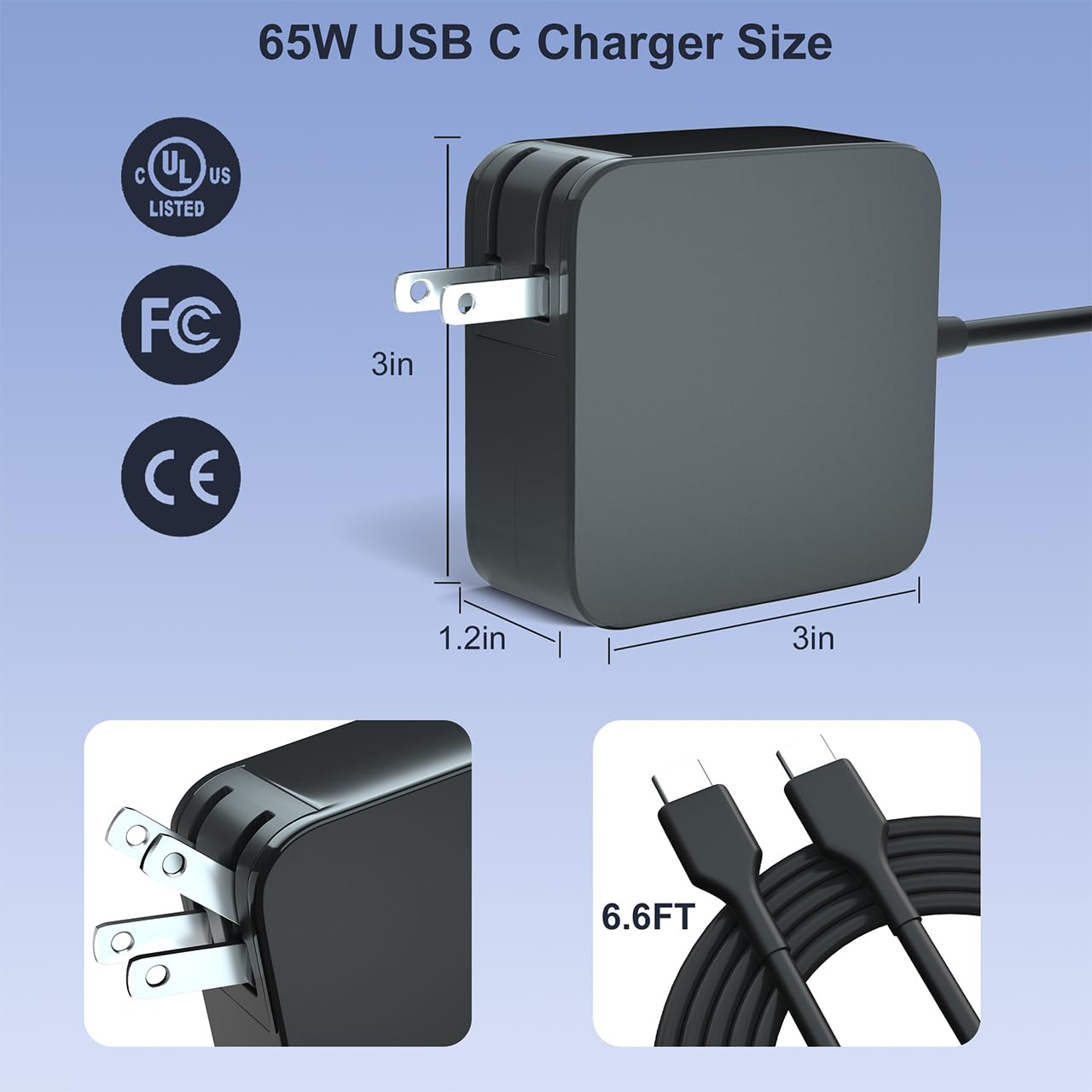 65W Usb C Power Adapter, Type C Power Pd Wall Fast Charger Replacement For Mac Book Pro, Dell Latitude, Lenovo, Huawei Matebook,
