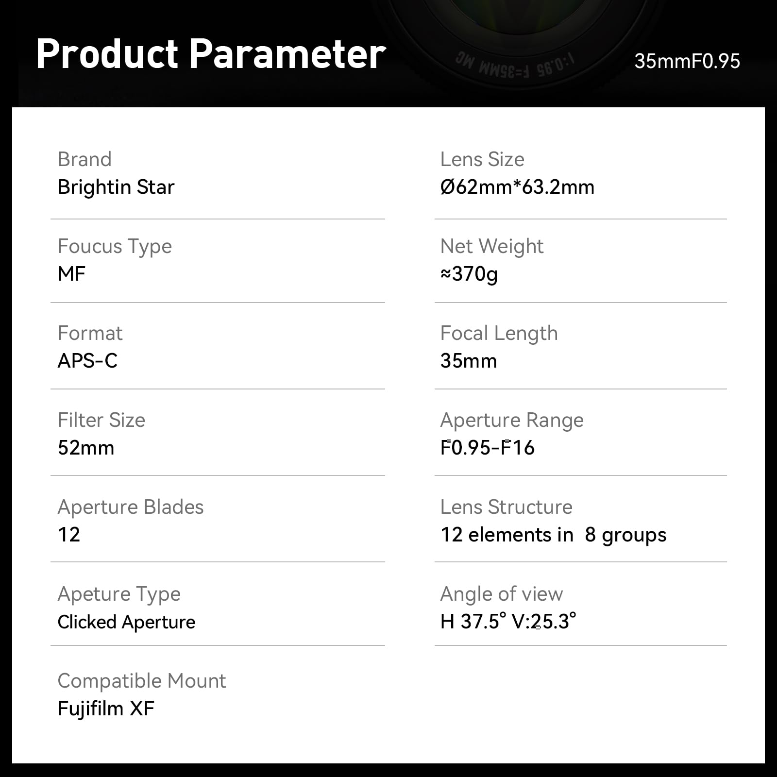 Brightin Star 35Mm F0.95 Aps C Manual Focus Prime Lens For Fujifilm Xf Mount Mirrorless Cameras, Large Aperture Fixed Lens, Fit