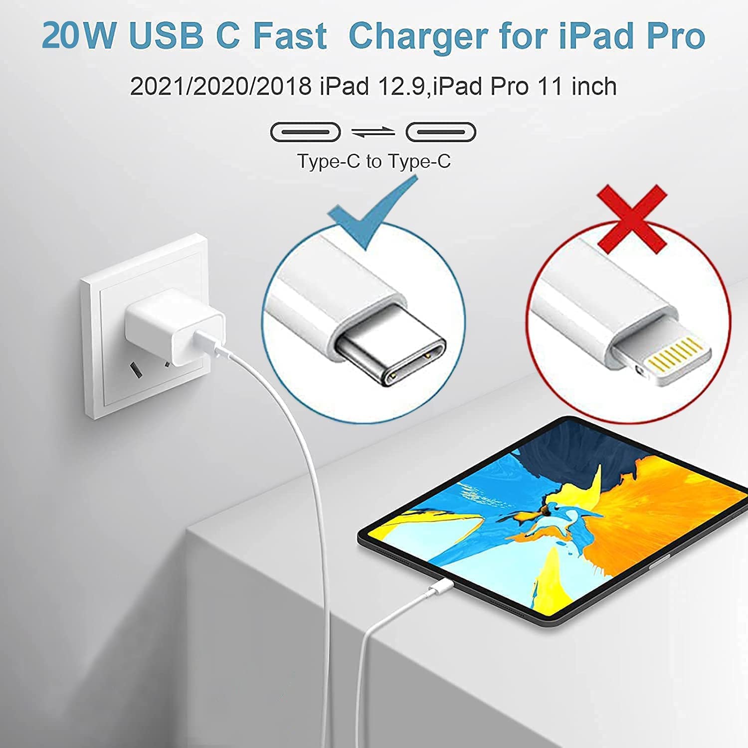 Usb C Ipad Fast Charger For Ipad Pro 13/12.9/11 In 2025/2024/2022/2021/2020/2018,Ipad Air 4Th/5Th Gen,Mini 6Th/A17 Pro,Ipad 10/A16,20W Wall Fast Charger Block With Extra Long 10Ft Usb C To C Cable