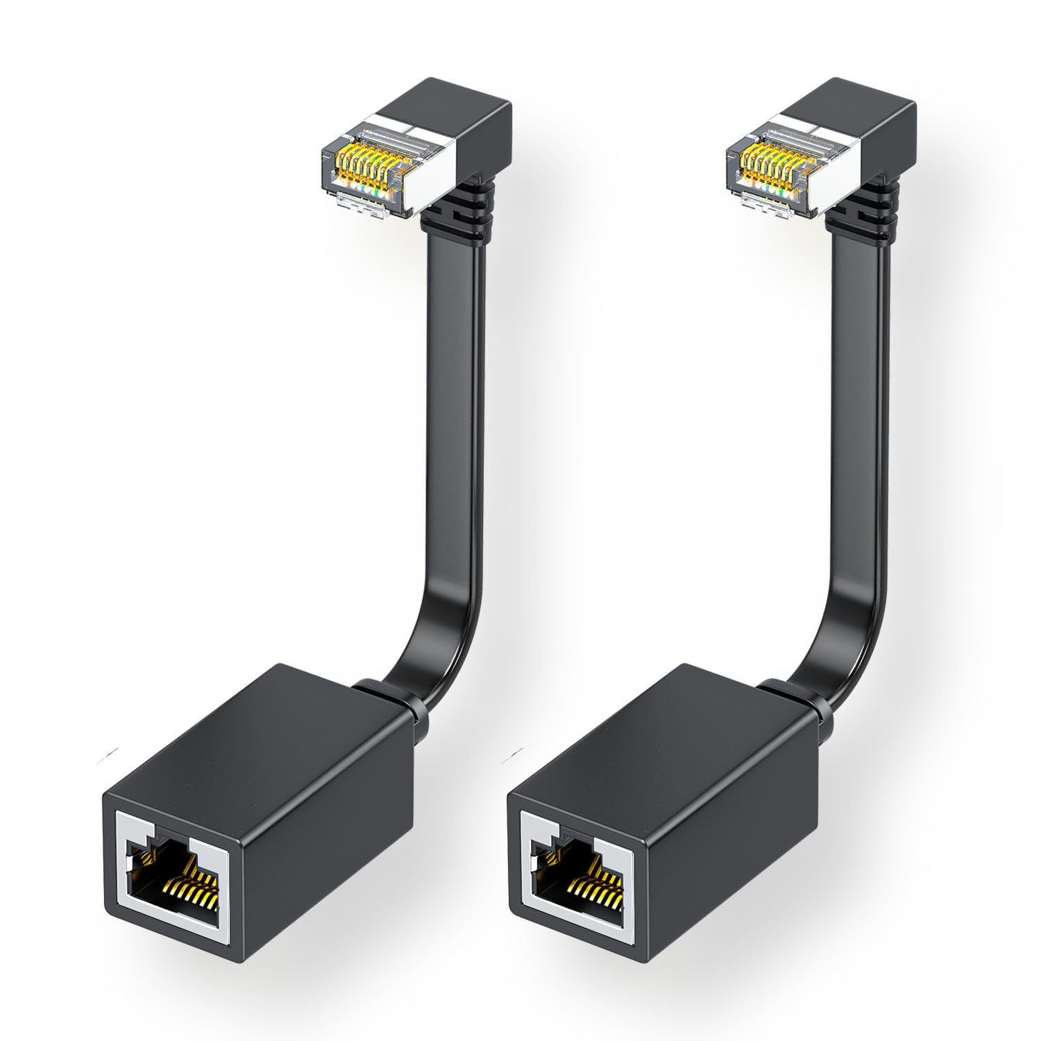 2Packs Right Angle Cat7 Ethernet Extension Cables Flat 0.5 Ft,Right Angle Up 90 Degree Lan Extended Cable Network Patch Cord Male To Female Connector For Router Modem Smart Tv Pc Computer Laptop