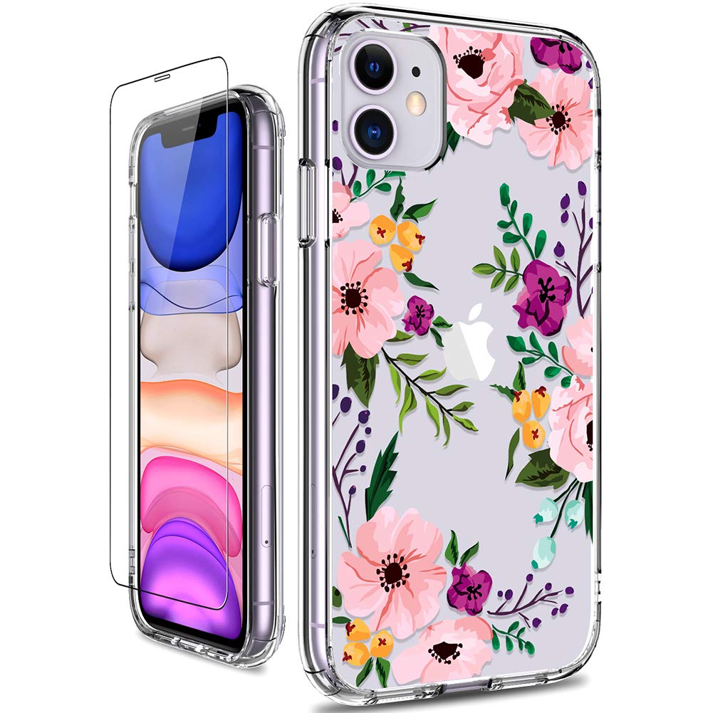 Giika Iphone 11 Case With Screen Protector, Clear Heavy Duty Protective Case Floral Girls Women Shockproof Hard Pc Back Case Wit