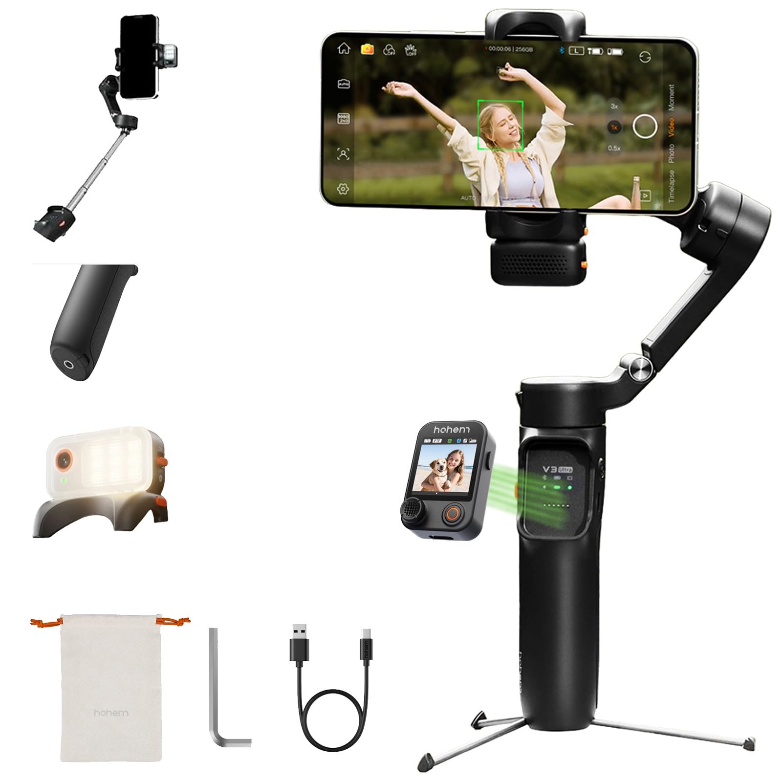 hohem iSteady V3 Ultra Gimbal Stabilizer for iPhone,Phone Gimbal with AI Tracking and Bi-Fill Light Built-in Extendable Rod & Tr
