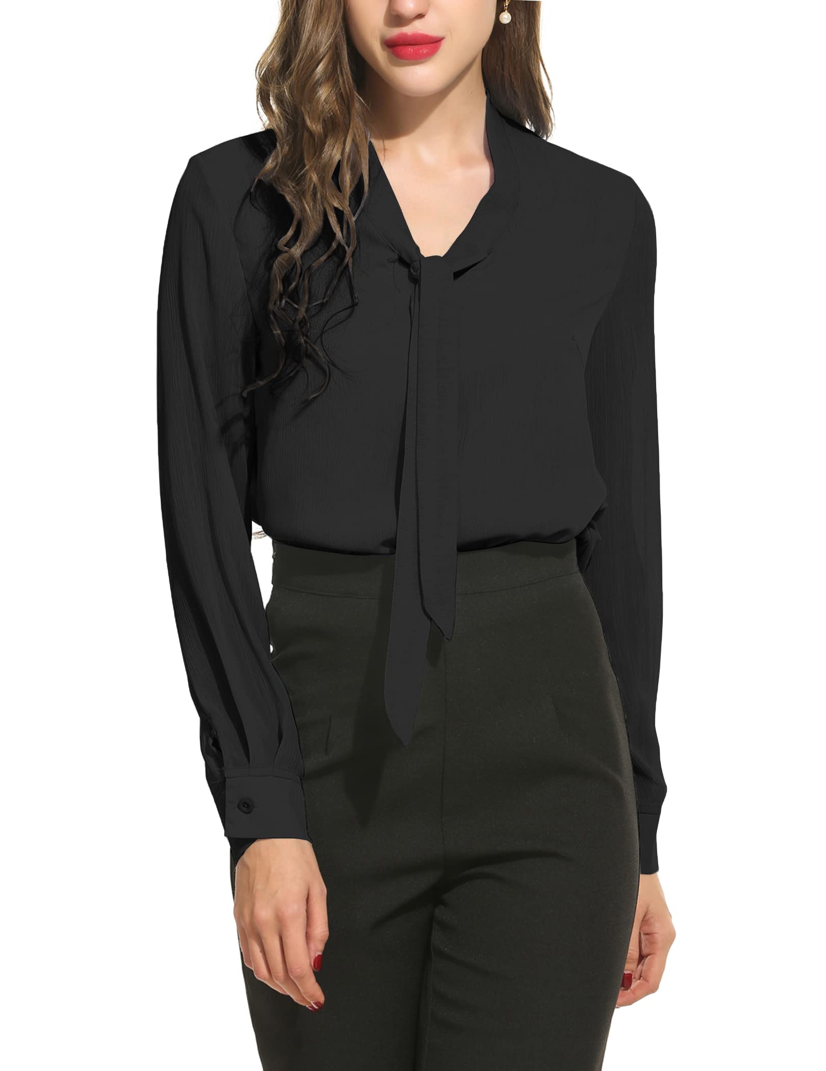 Acevog Work Blouses Womens Bow Tie Neck Long Sleeve Chiffon Blouse For Formal Wear,Black,Small