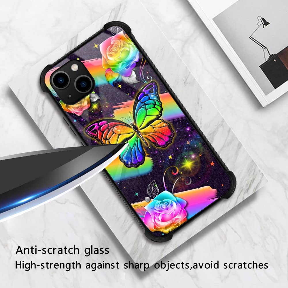 Iphone 13 Case, Rainbow Butterfly Iphone 13 Cases For Women Girls, Pattern Design Shockproof Anti Scratch Organic Glass Case For